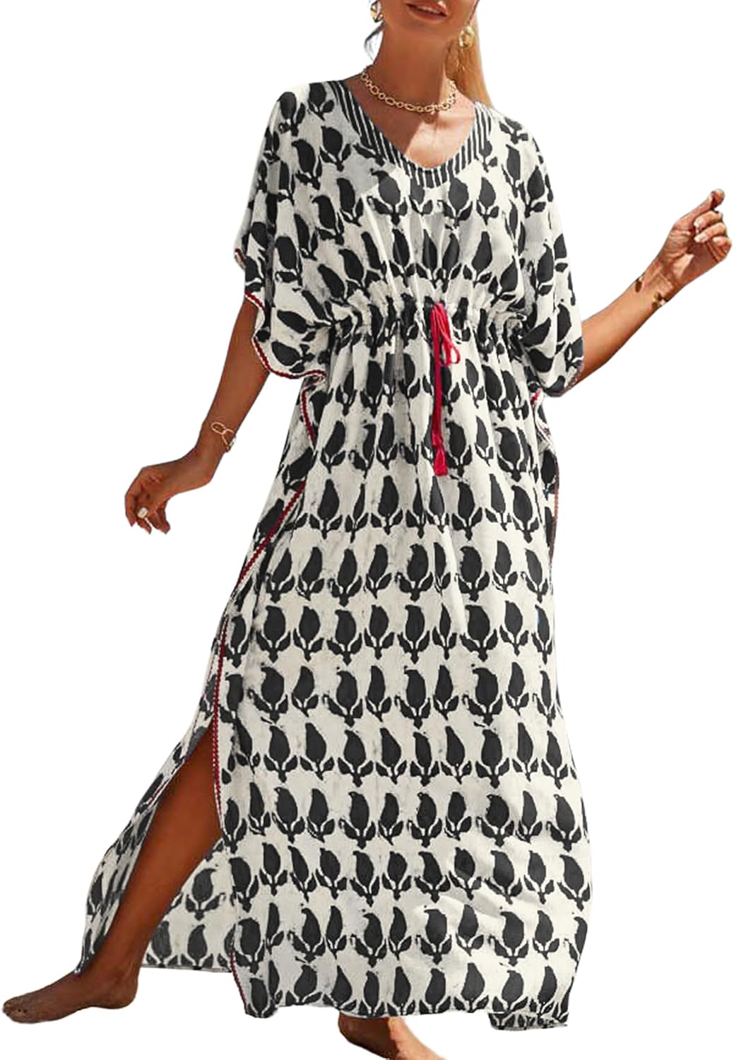 Bsubseach Kaftan Dresses for Women Plus Size Swimsuit Cover Up Long Caftan Dress with Waist Drawstring