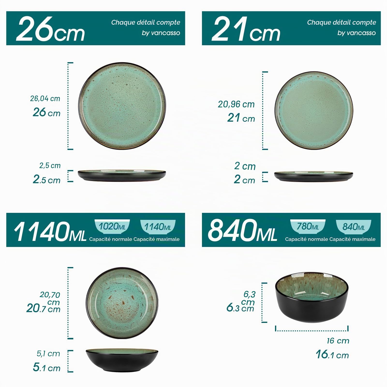 vancasso AMBER Service Vaisselle 6 Personnes, Ensemble Assiettes de Table 24 Pièces en Grès - Assiettes Plates, Assiettes à Dessert, Bols à Pâtes et Bols - Adapté au Micro-Ondes - Glaçure Vert