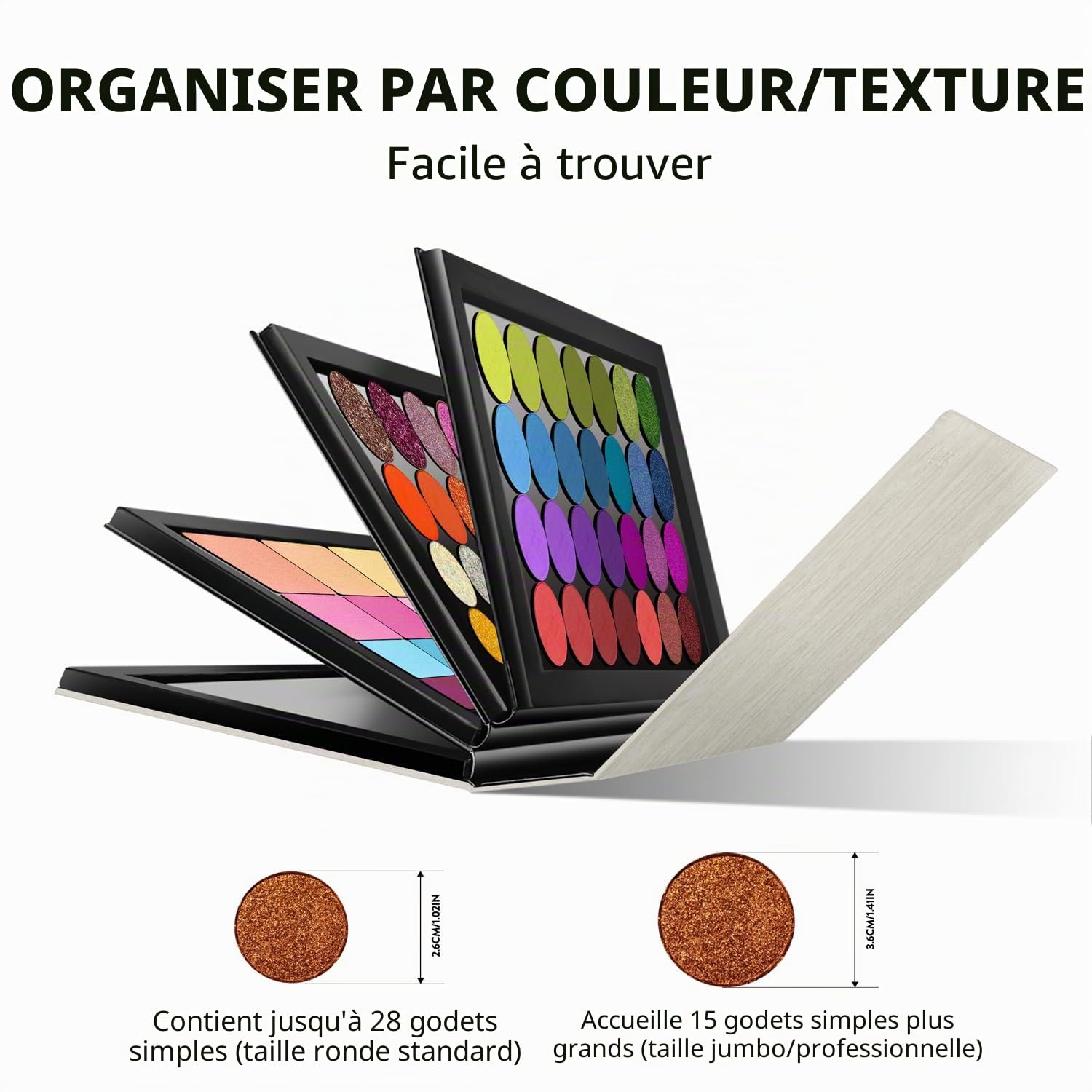 Palette magnétique vide à 4 couches (grain de bois blanc) + 1 spatule de dépôt de maquillage + 50 autocollants ronds en métal + 50 autocollants carrés en métal