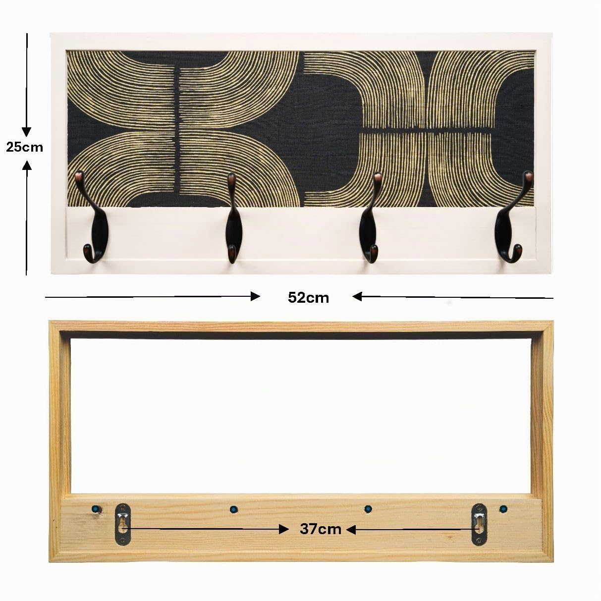 Perchero Pared Madera 52x25cm Mid-century Blanco 4 Ganchos | Hecho en España. 4 ganchos dobles (8 colgadores) para ropa y abrigos. Ideal para entrada, salón u oficina.