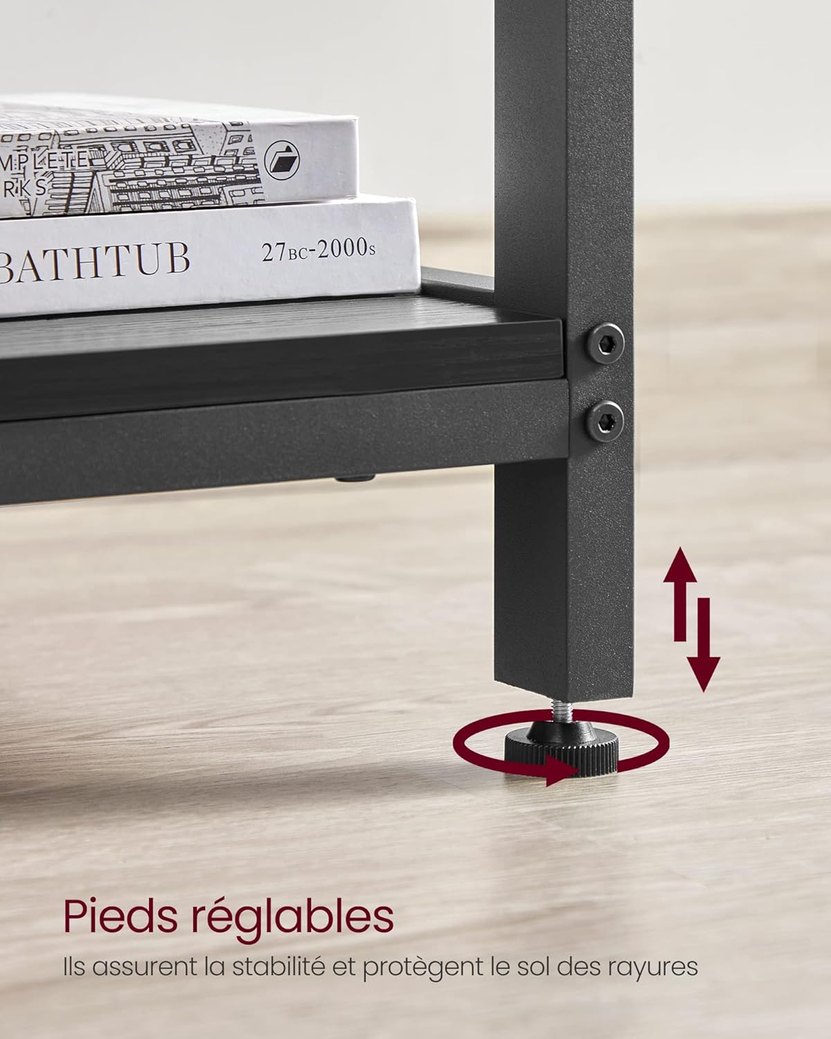 Close-up of the adjustable feet on the desk leg