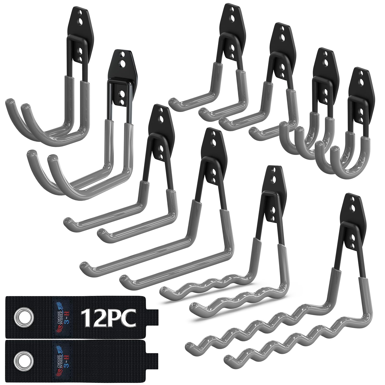 3-H Heavy Duty Garage Hooks 12 Pack, Utility All-Steel Storage Hooks with Anti-Slip Coating