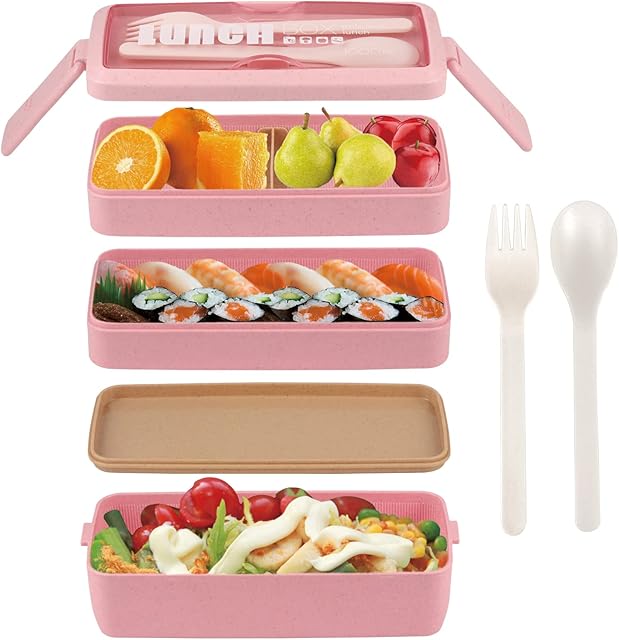 ASYH Bento Box Lunch Box, 3-in-1 Compartment Meal Prep Stackable Containers 1000ML, Japanese Style Lunch Box with Fork and Spoon for Adults School Office, Microwave Safe (Pink)