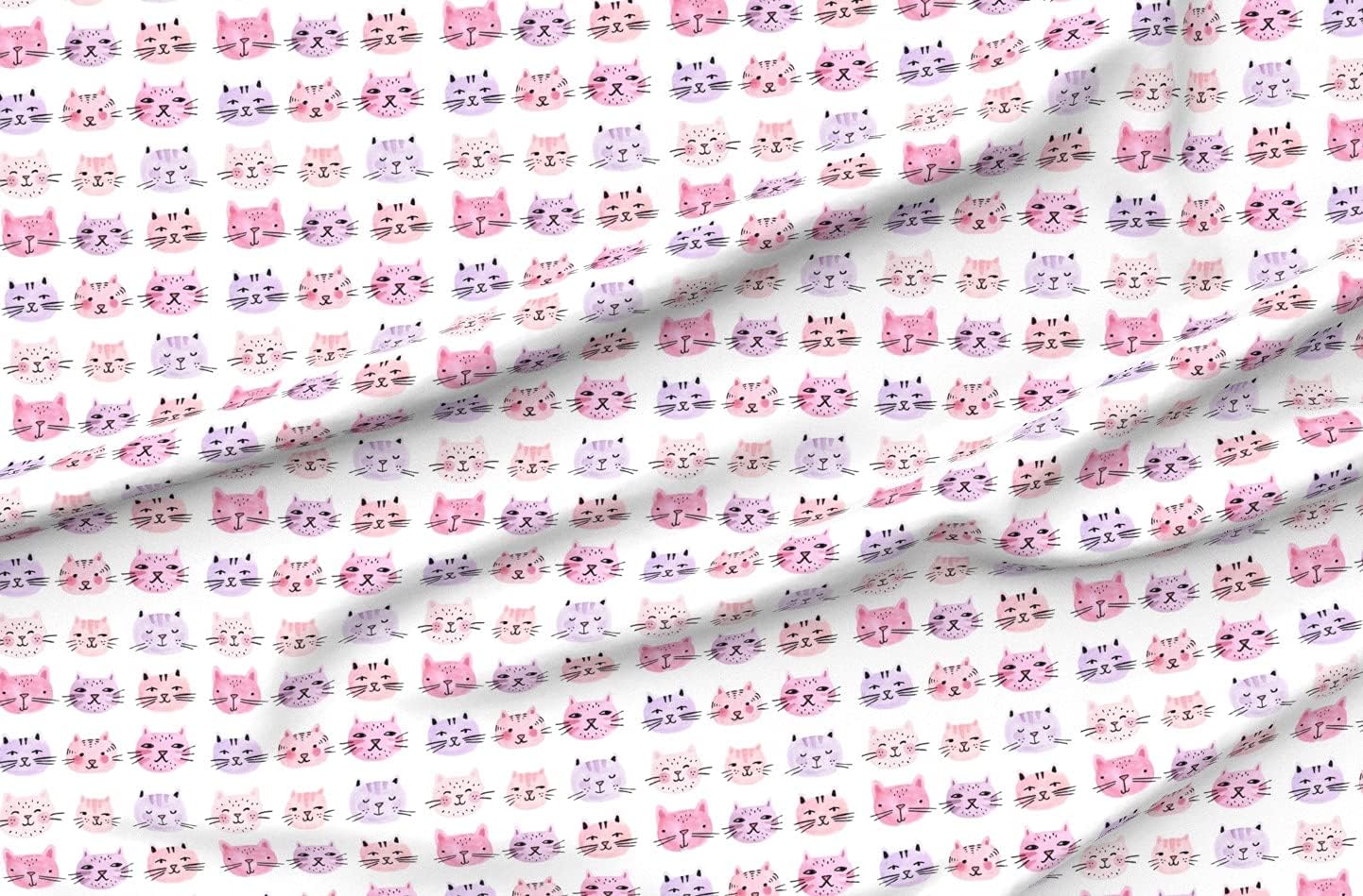 Spoonflower Fabric - Cat Lady Watercolor Cats Pink Animals Kitties Faces Cute Kids Room Printed on Petal Signature Cotton Fabric Fat Quarter - Sewing Quilting Apparel Crafts Decor