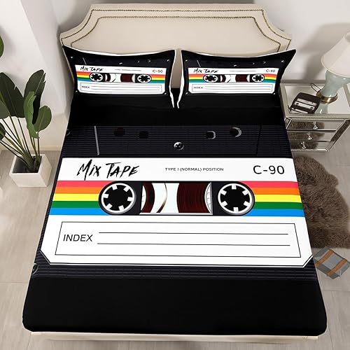 Miniatura 9 de Erosebridal Juego de sábanas de cinta de casete tamaño individual de los años 80, cintas de plástico, juego de sábanas con temática de música