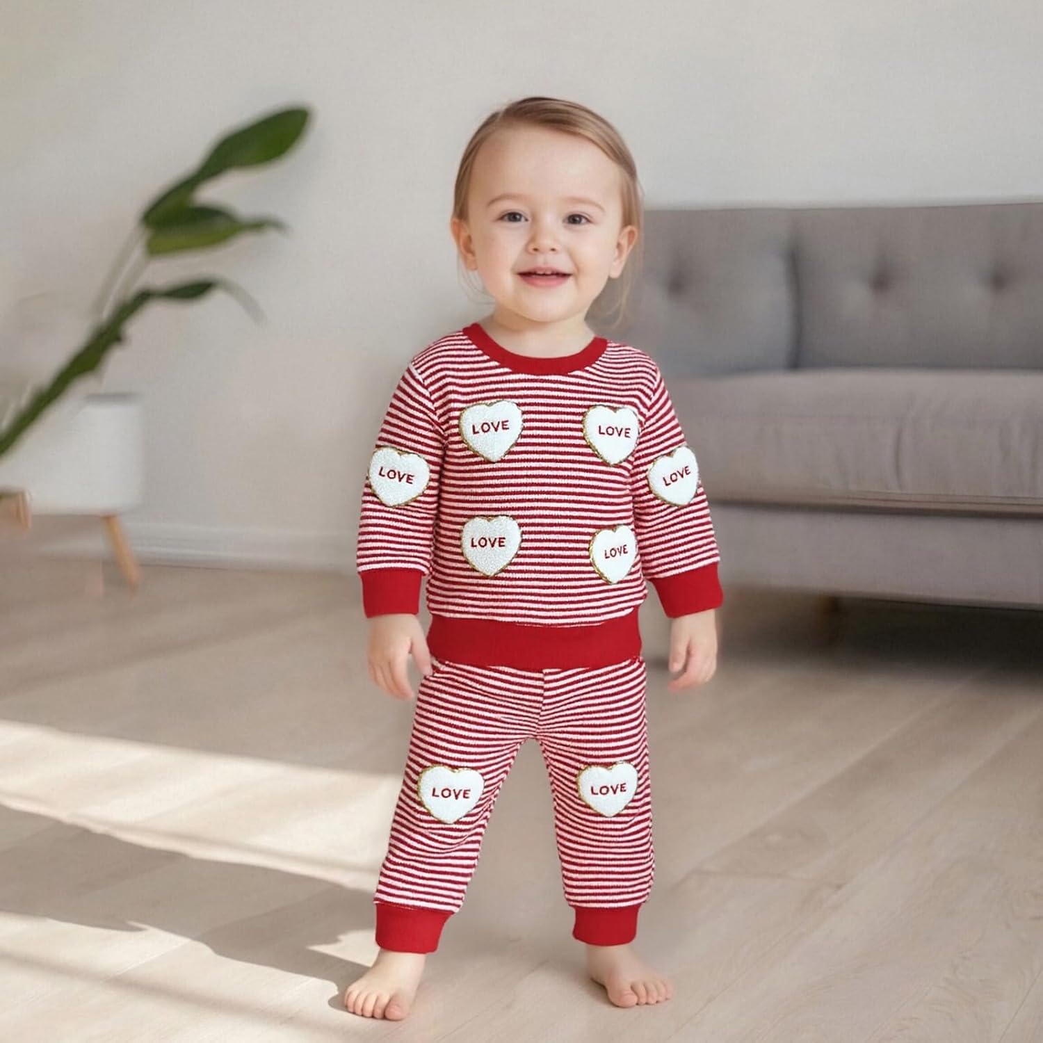 Madjtlqy Toddler Baby Boy Valentines Day Clothes Letter Heart Embroidery Long Sleeve Crew Neck Tops Elastic Waist Pants Set - Image 3