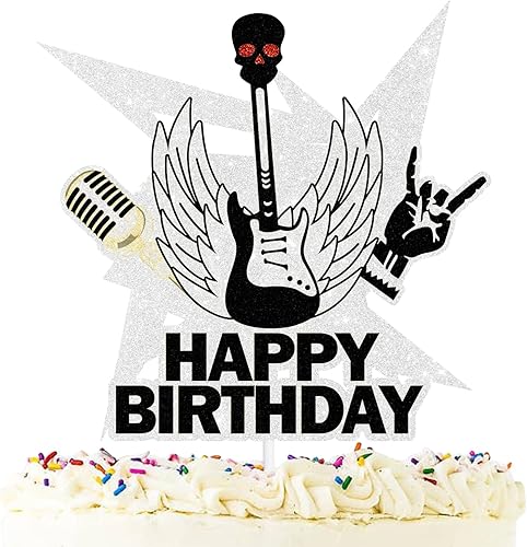 Rock'n'roll - Decoración para pastel de cumpleaños, tema de música rock Born To Rock Man Boy Girl cumpleaños, decoración de fiesta con purpurina