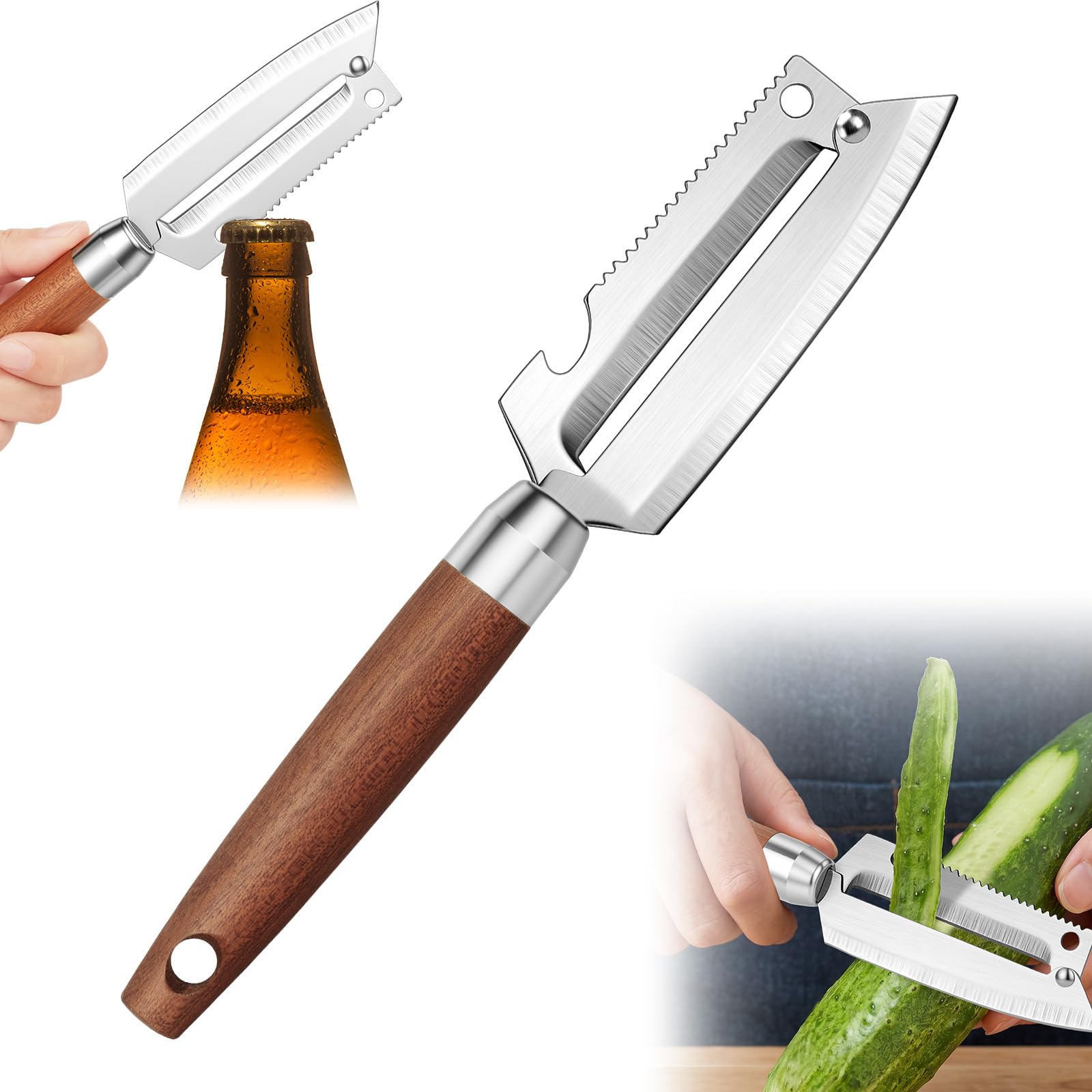 AYESY Multifunctional Vegetable Peeler, Vegetable Peeler with Wooden Handle and Bottle Opener, 5-in-1 Stainless Steel Kitchen Peeler for Potato, Fruit, Vegetable