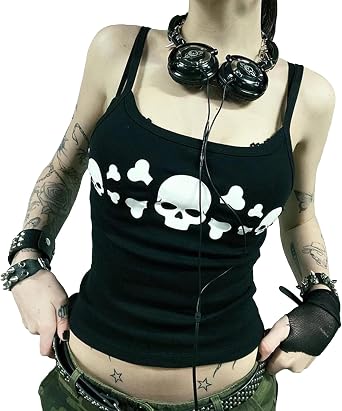 Women E Girl Gothic Camisole Y2k Grunge Crop Top Retro Halloween Skull Print Spaghetti Strap Sleeveless Vest Tank Top