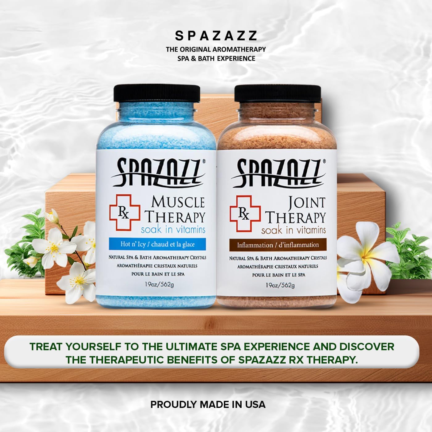 Spazazz Hot Tub Aromatherapy Spa and Bath Salts Crystals 2 Pack Bundle- One 19 Oz Jar Each Spazazz Muscle Therapy and Joint Therapy Plus a 5 Point Massager- Safe for All Spa and Hot Tub