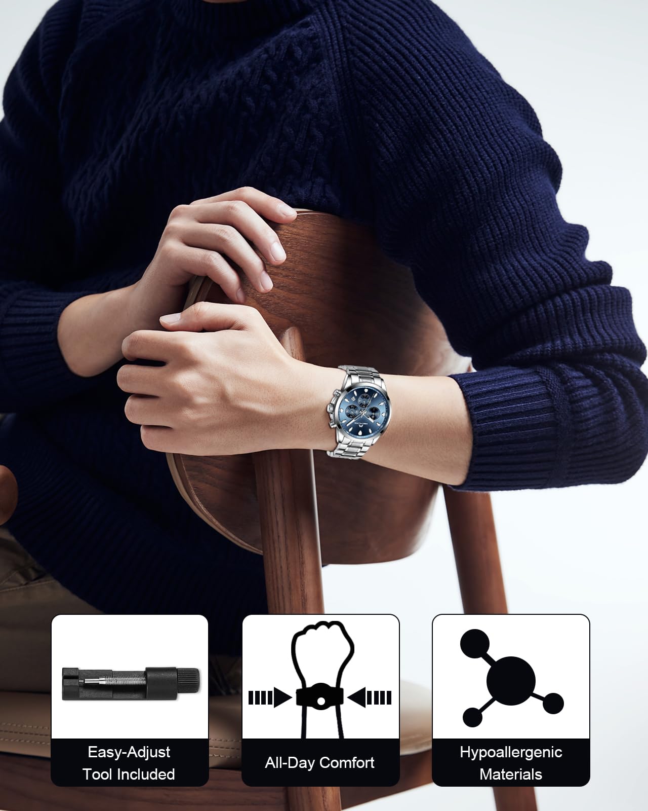 MEGALITH Herren Uhr Edelstahl Armbanduhr: Chronograph Analog Wasserdicht Herrenuhr mit Leuchtend Datum - Elegantes Geschenk für Business Männer