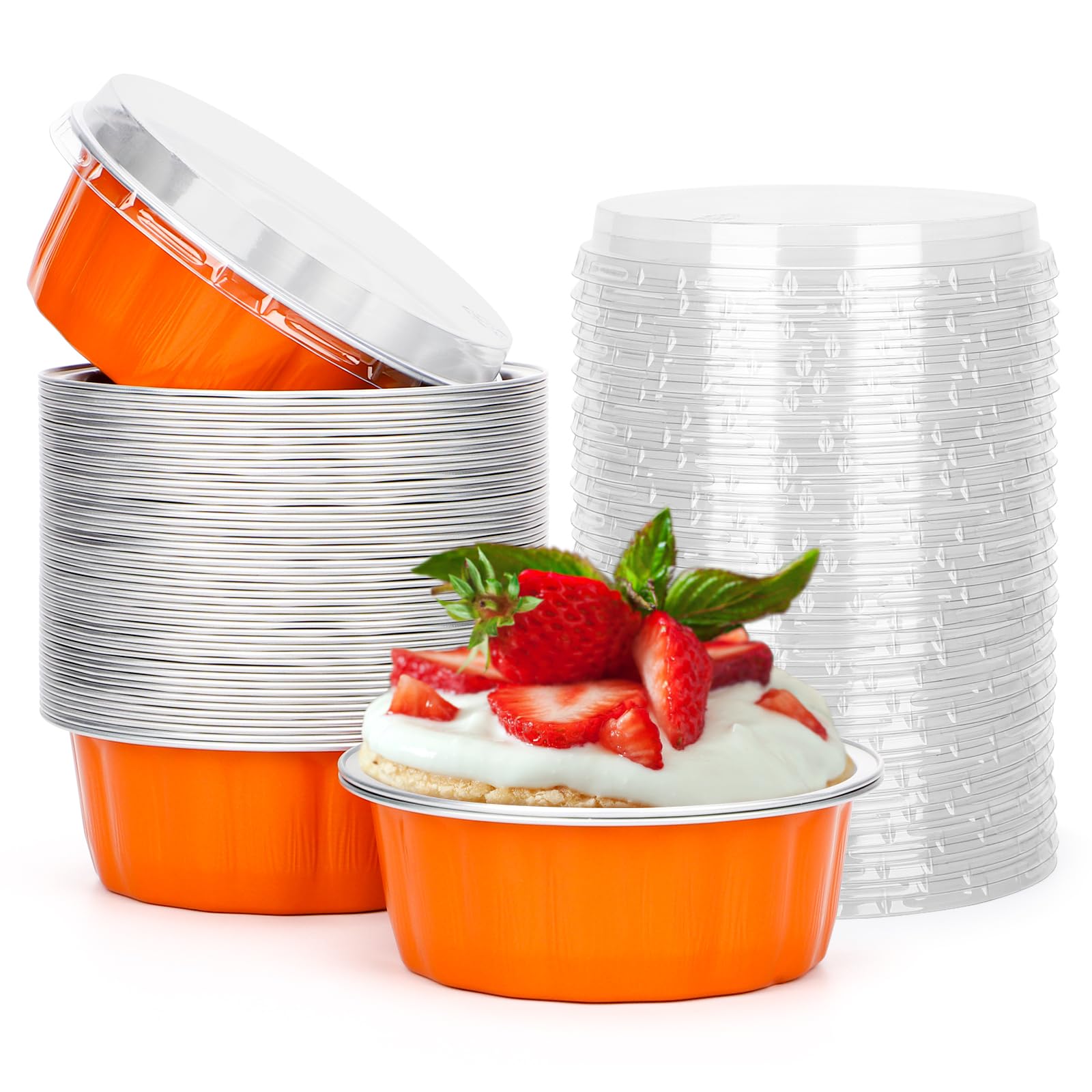 Beasea Aluminum Disposable Orange Ramekins for Baking, 8oz 50 Pack with Lids, Perfect for Social & Celebratory Occasions — image 1