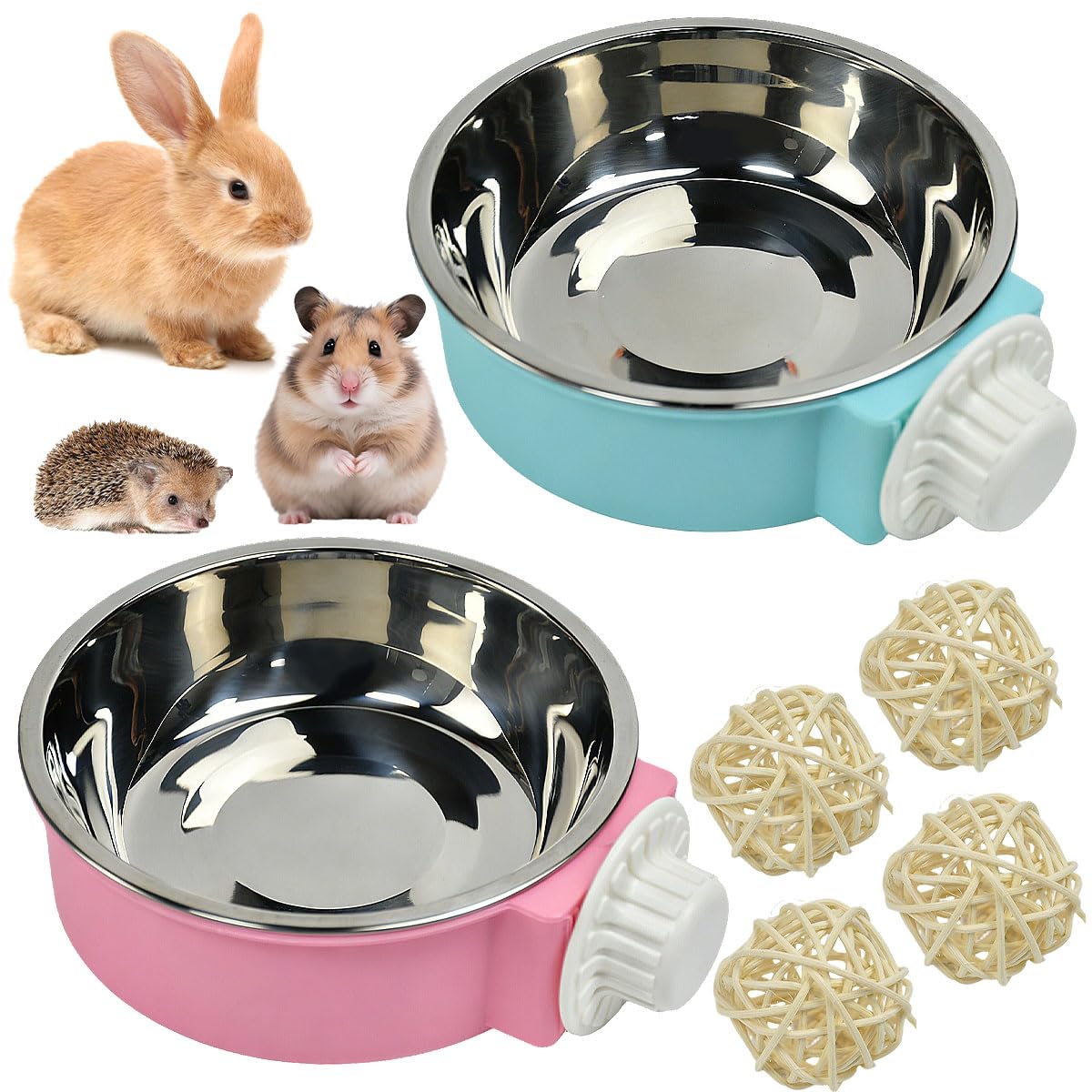 2PCS Cuenco Colgante para Jaula, Comedero Colgante Perro y Conejo con 4 Bolas de Mimbre, CuencoColgante 2 en 1 Extraíble de Acero Inoxidable para Hámster, Cobaya, Chinchilla y Animal Pequeño — view 3