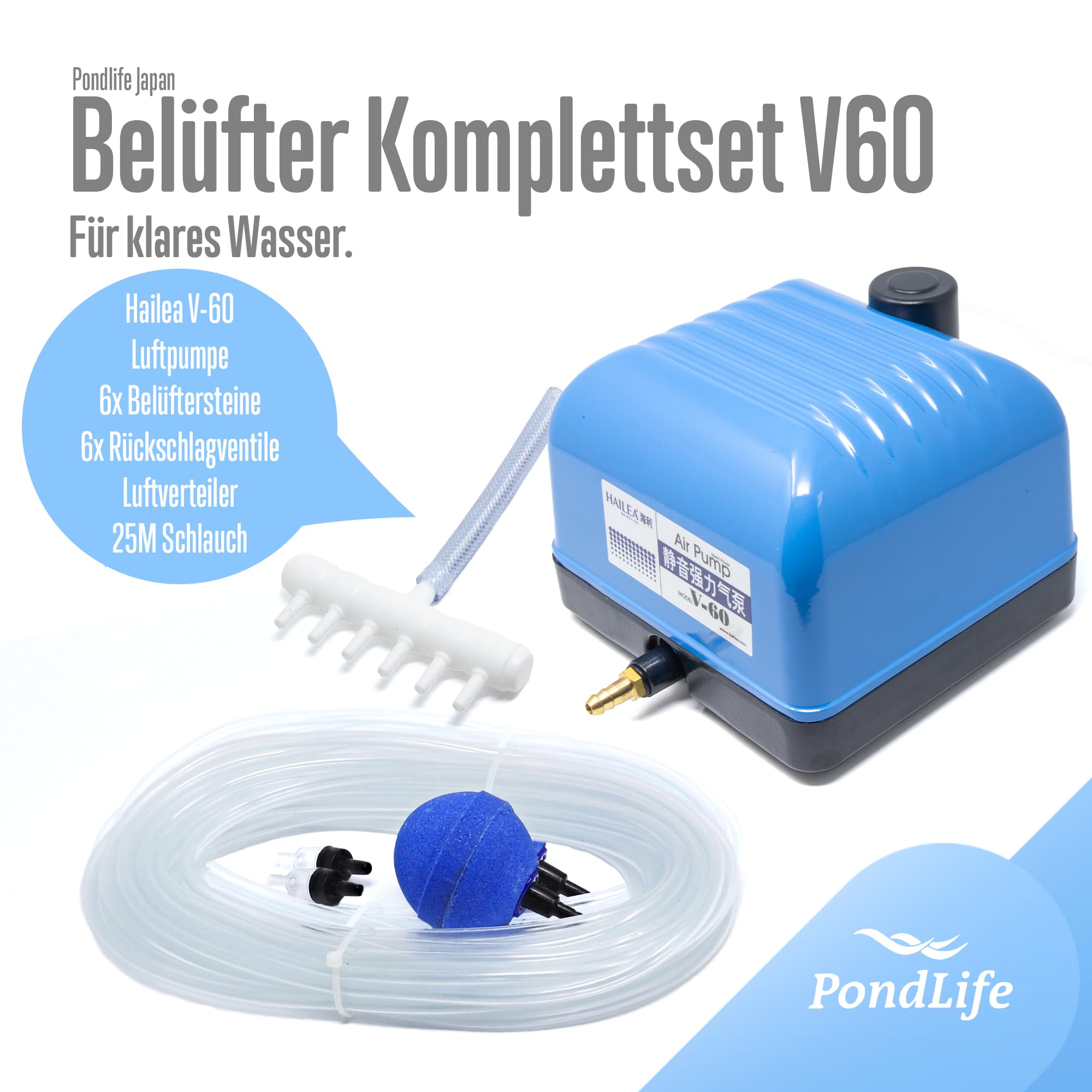 Pondlife Belüfter Komplett Set V-60 - Leistungsstark - Qualitativ - Luftverteiler - Belüftersteine - Schlauch inkl.