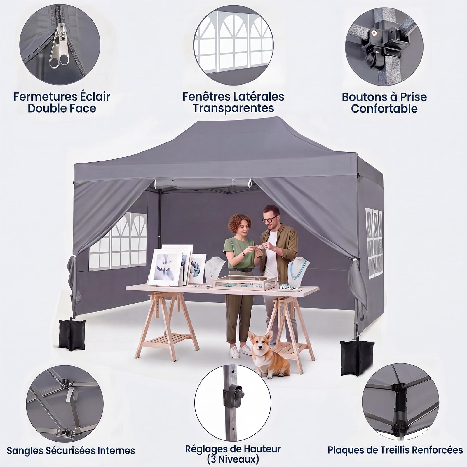 RELAX4LIFE Tonnelle Pliante avec 4 Parois Amovibles, 3x4,3M Barnum Pliant avec Porte Zippée Enroulable, Cadre en Acier au Carbone, Sac à Roulettes, Gazebo Tente de Réception pour Marché Événement,Gris