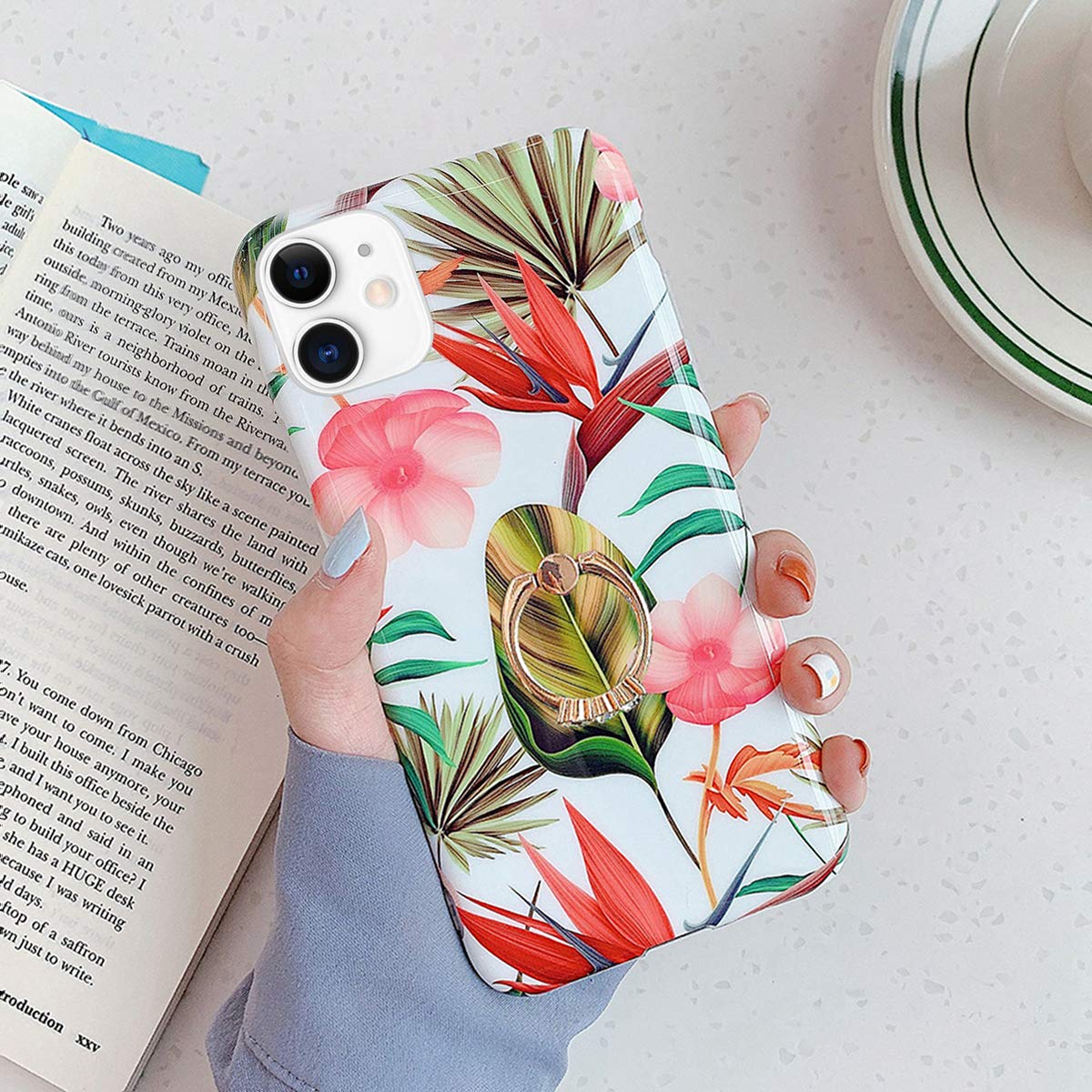 JAWSEUFlowers Phone Case Compatible with iPhone 11 with Ring Stand, Bling Cute Flowers Pattern Design TPU Silicone Gel Rubber Bumper Cover Protective Soft Case for iPhone 11,Floral#5