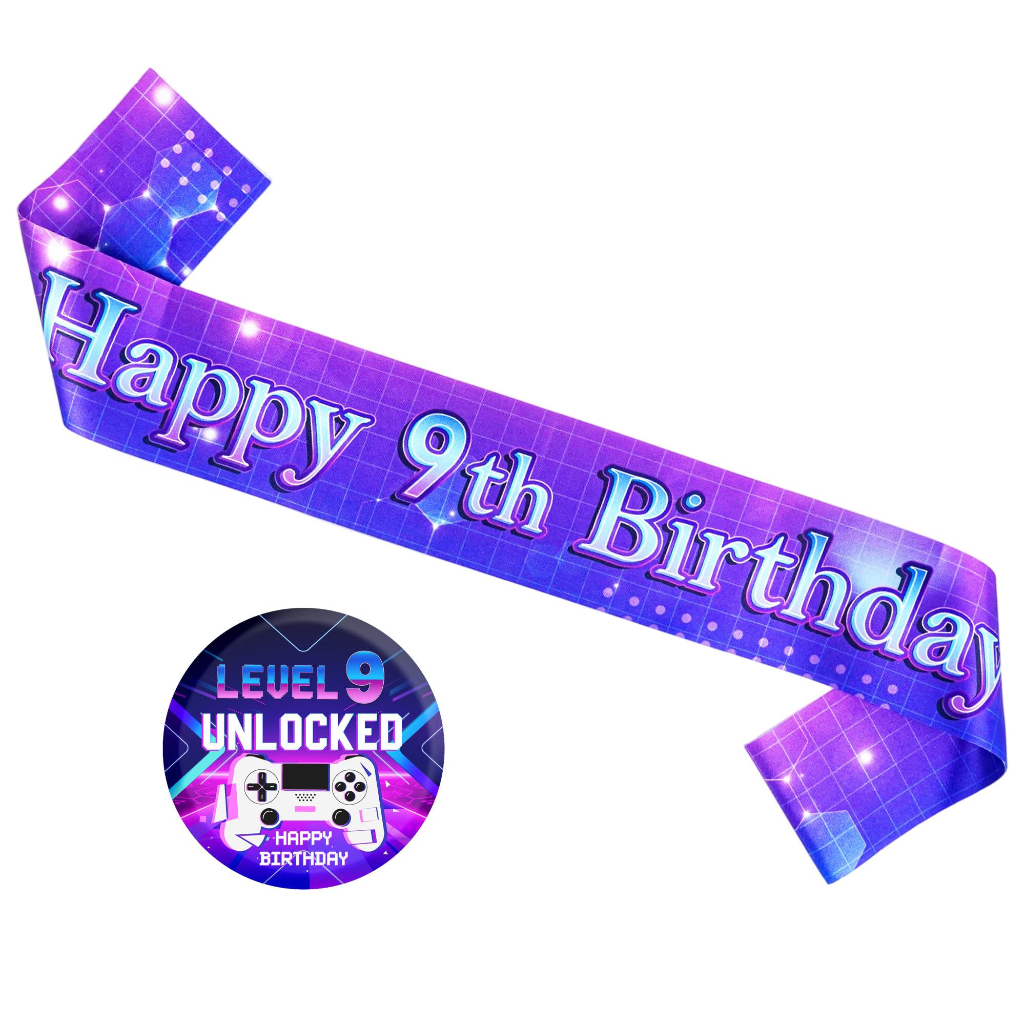 Happy 9th Birthday Sash Badge Set, Neon Purple Gaming Level 9 Unlocked
