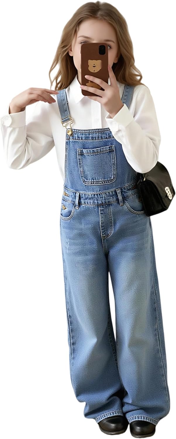 Classic Denim Wide Leg Overalls for Girls, Light Blue Cotton Jean, Adjustable Straps, Ages 8-12 Years
