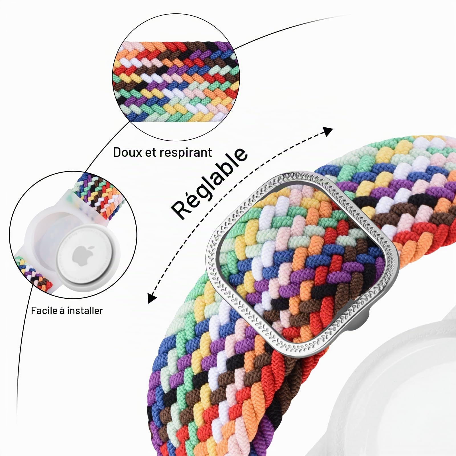 Vancle Bracelet Airtag Enfants, élastique Bracelet de Rechange, Coque Résistant aux Rayures, Facile à Porter, Couverture de Protection en Nylon Tressée pour Enfants et âgés, Arc Ciel