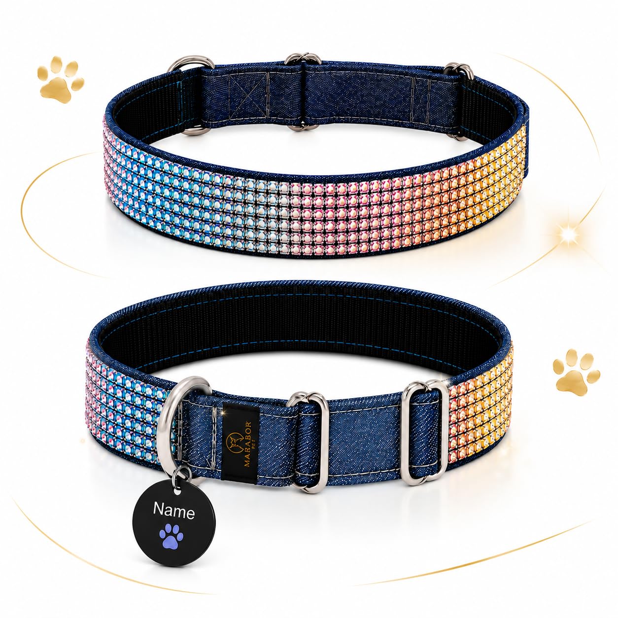 Collar para perro con etiqueta de nombre personalizada, hecho a mano en Austria, piezas de metal reforzado y diseño vaquero, para perros pequeños y grandes (S, cristal arcoíris)