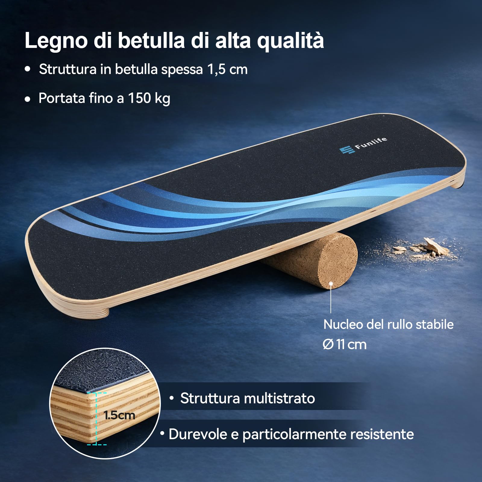 FunLife Balance Board ovale in legno di betulla con 3 fasce fitness - Set WAVE | Allenamento dell'equilibrio per allenamento del core, equilibrio, coordinazione e stabilità, antiscivolo, fino a 150 kg