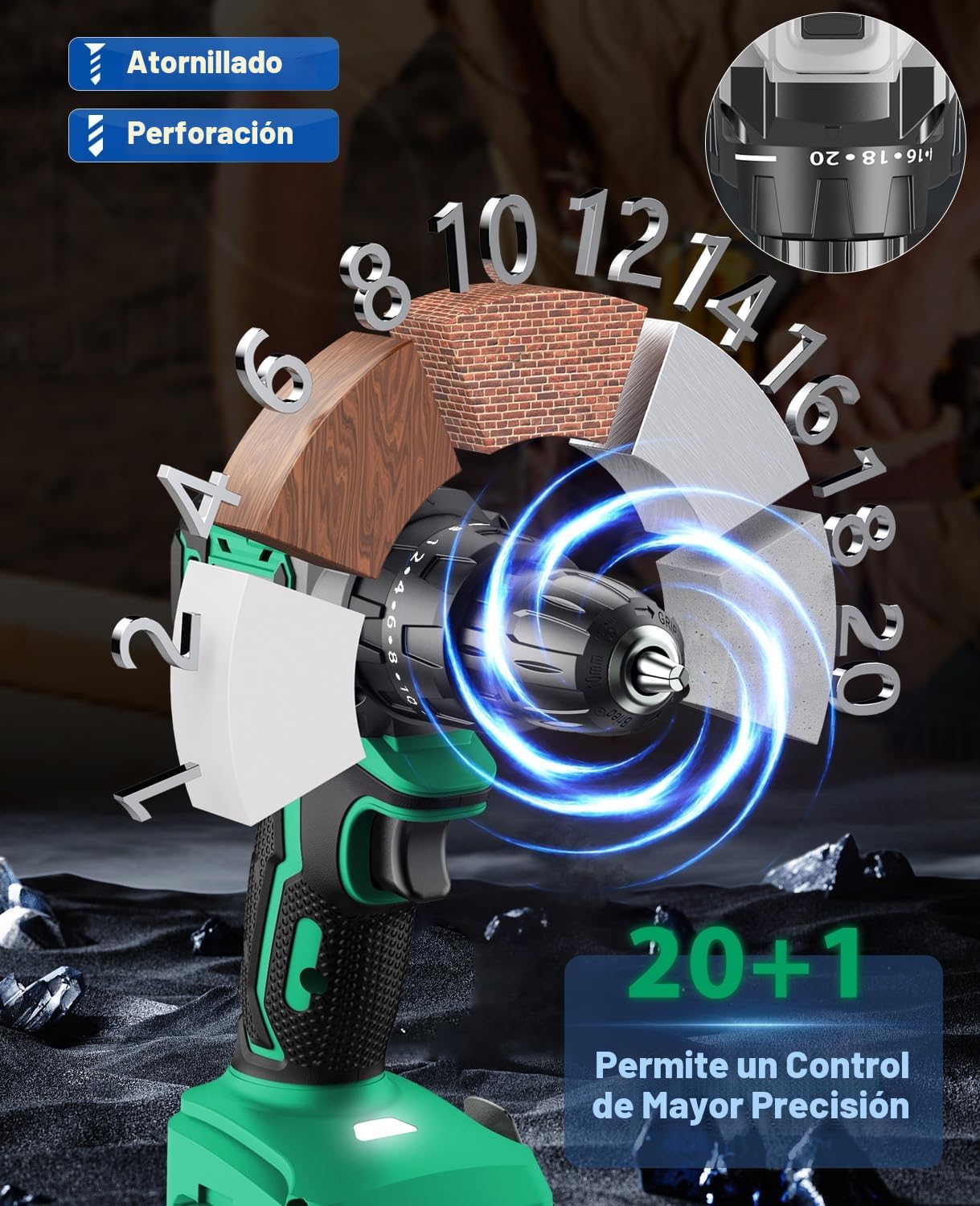 Taladro Atornillador Batería Sin Escobillas, BETENST Atornillador Electrico 21V con 2.0Ah Baterías, 45N.m Taladro Inalámbrico, 20 Ajuste de Par, 20 Accesorios, 2 Velocidad, Luz LED Para Bricolaje