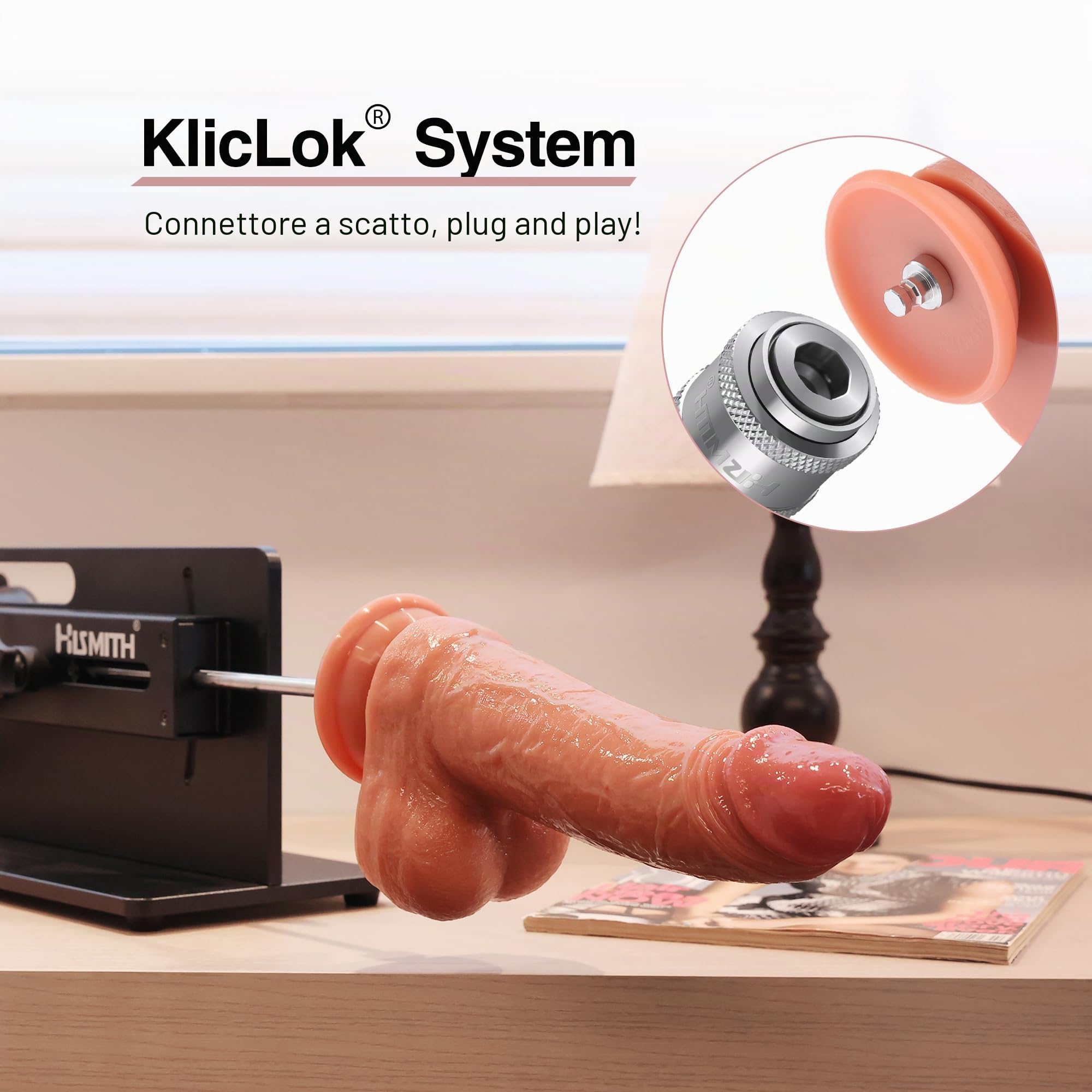 Hismith, Dildo in silicone a doppia densità da 23,11 cm, curvo, con vene e sistema KlicLok rimovibile, della serie Amazing