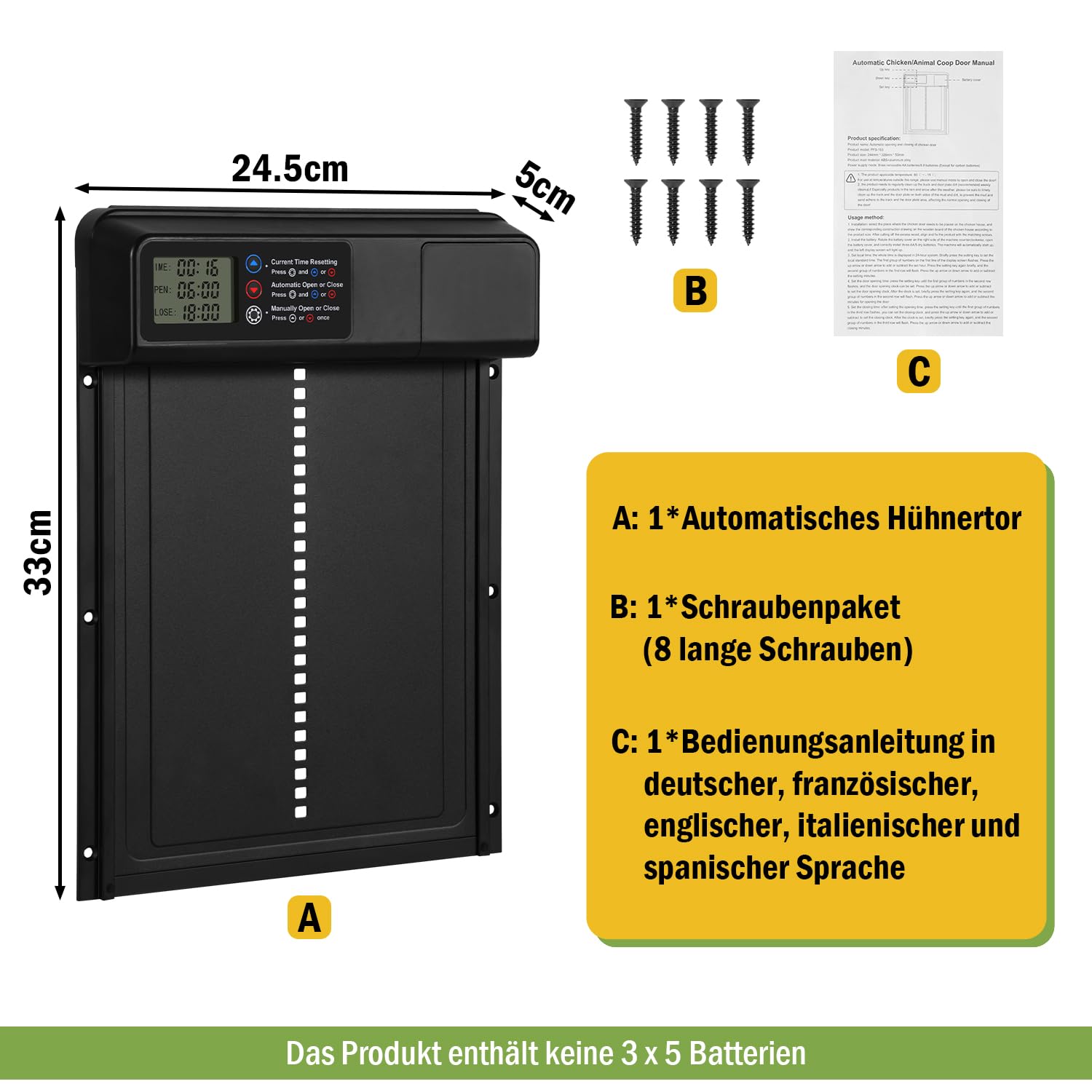 Automatische Hühnerklappe 3.0 Mit Timer, LED, Anti-Pinch – Aluminium, Batteriebetrieben, Für Stall & Außenbereich