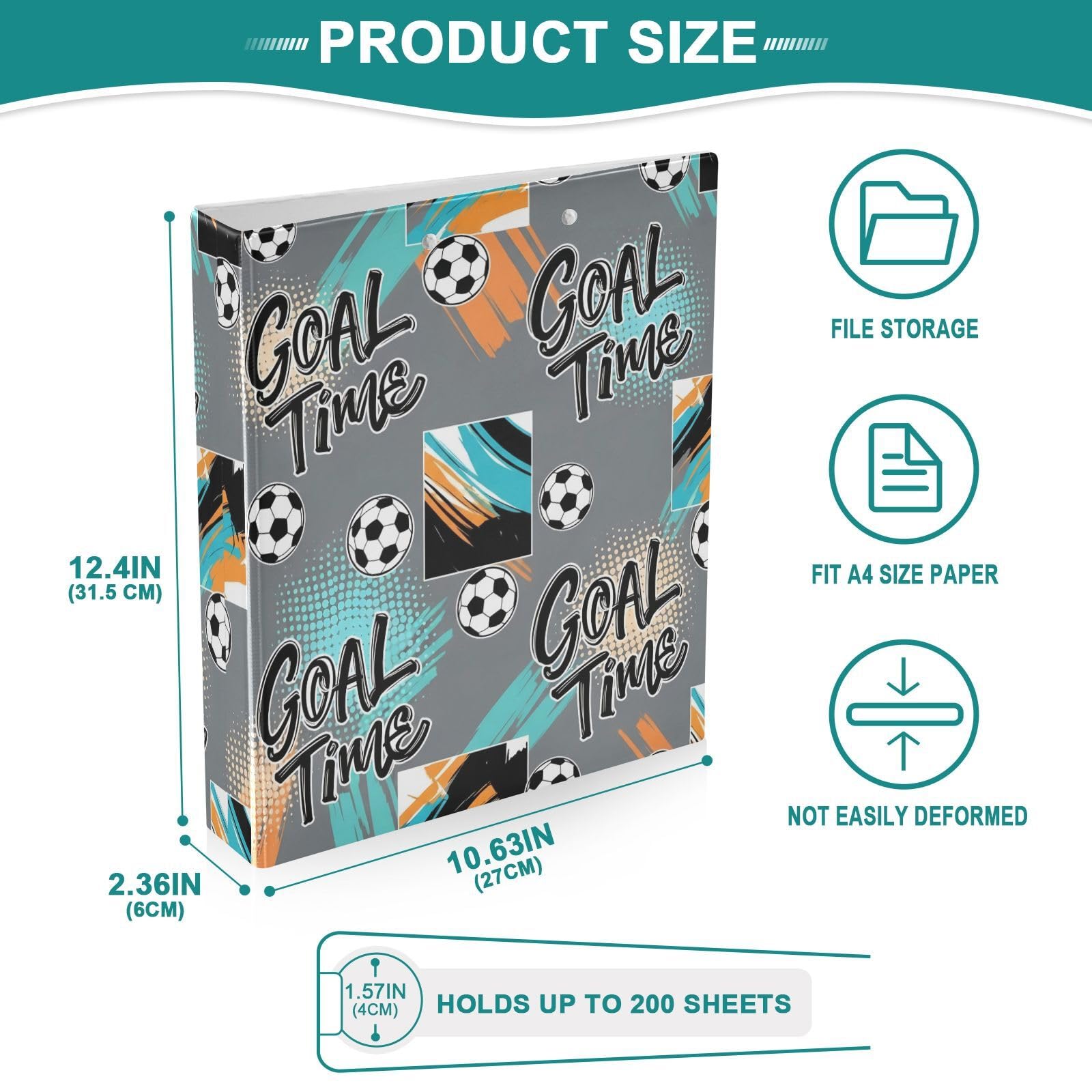 Carpetas de 3 anillos de 1.5 pulgadas para tiempo de portería de fútbol, carpeta decorativa de anillos redondos con clip de metal, organizador A4 para el hogar y la oficina, paquete de 2