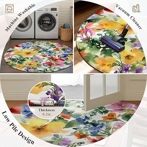 Miniatura 6 de Round Rugs 3 Feet, Green Yellow Floral Non Slip Area Rugs for Living Room, Bedroom, Barhroom, Entryway, Purple Blue Watercolor Retro Leaf Soft