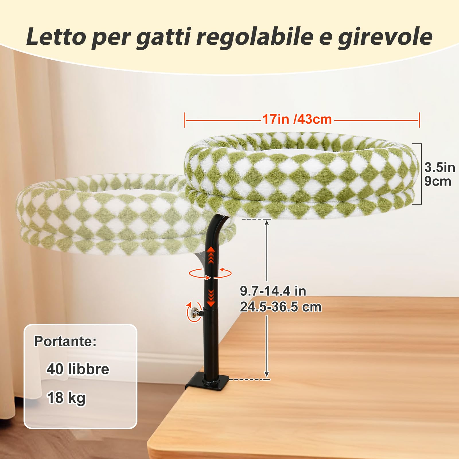 GUUSII HOME Letto per Gatti da Scrivania Girevole a 360° Rialzato Amaca Cuccia Gatti da Interno Fino a 18kg Lettino Trespolo per Gatto Facile da Montare Lavabile in Lavatrice Cat Desk Bed (Verde)
