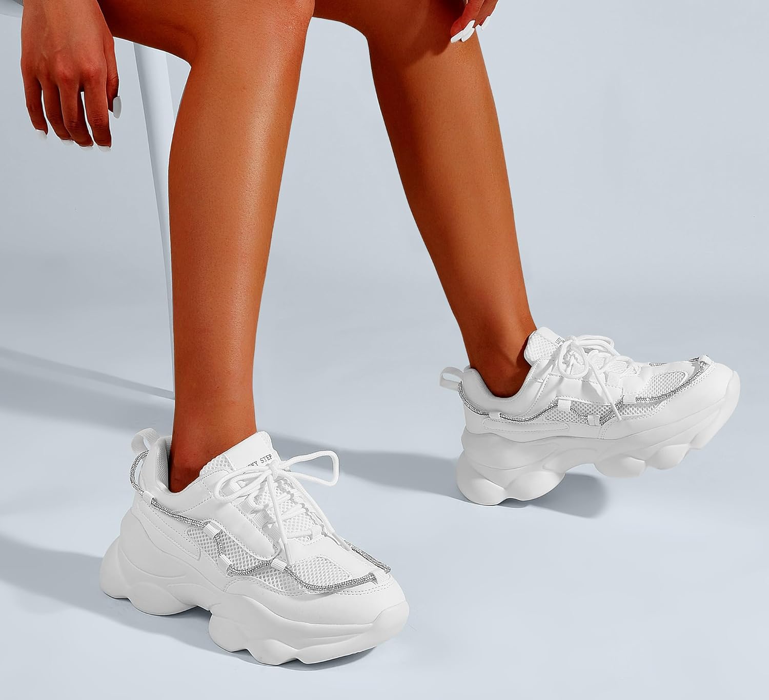 LUCKY STEP Women's 90s Chunky Sneakers Sparkly Bling Rhinestone Rope Platform Casual Thick Dad Rave Walking Shoes - Image 3