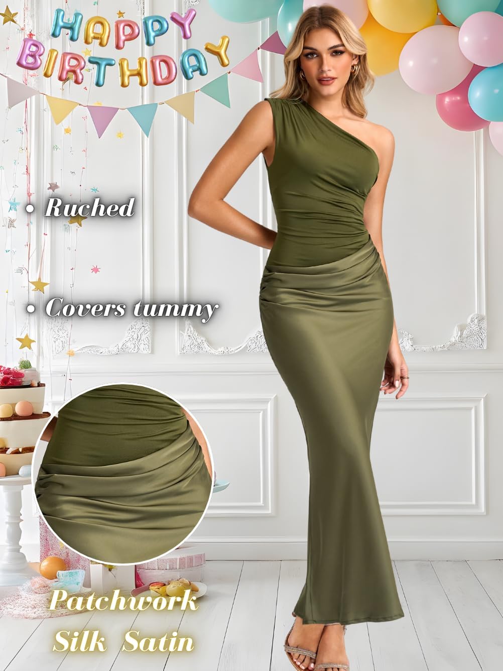 Kaei&Shi Elegant Ruched One Shoulder Dresses,Satin Long Formal Wedding Guest Dress,Prom Cocktail Party Evening Gowns - Image 5