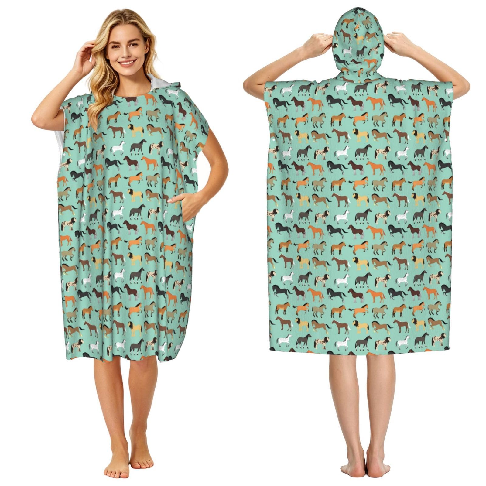 Poadnly Horse, Adult Hooded Beach Towel 90 x 110 cm,Changing Bath Robe, Surf Poncho Towel For Women Men