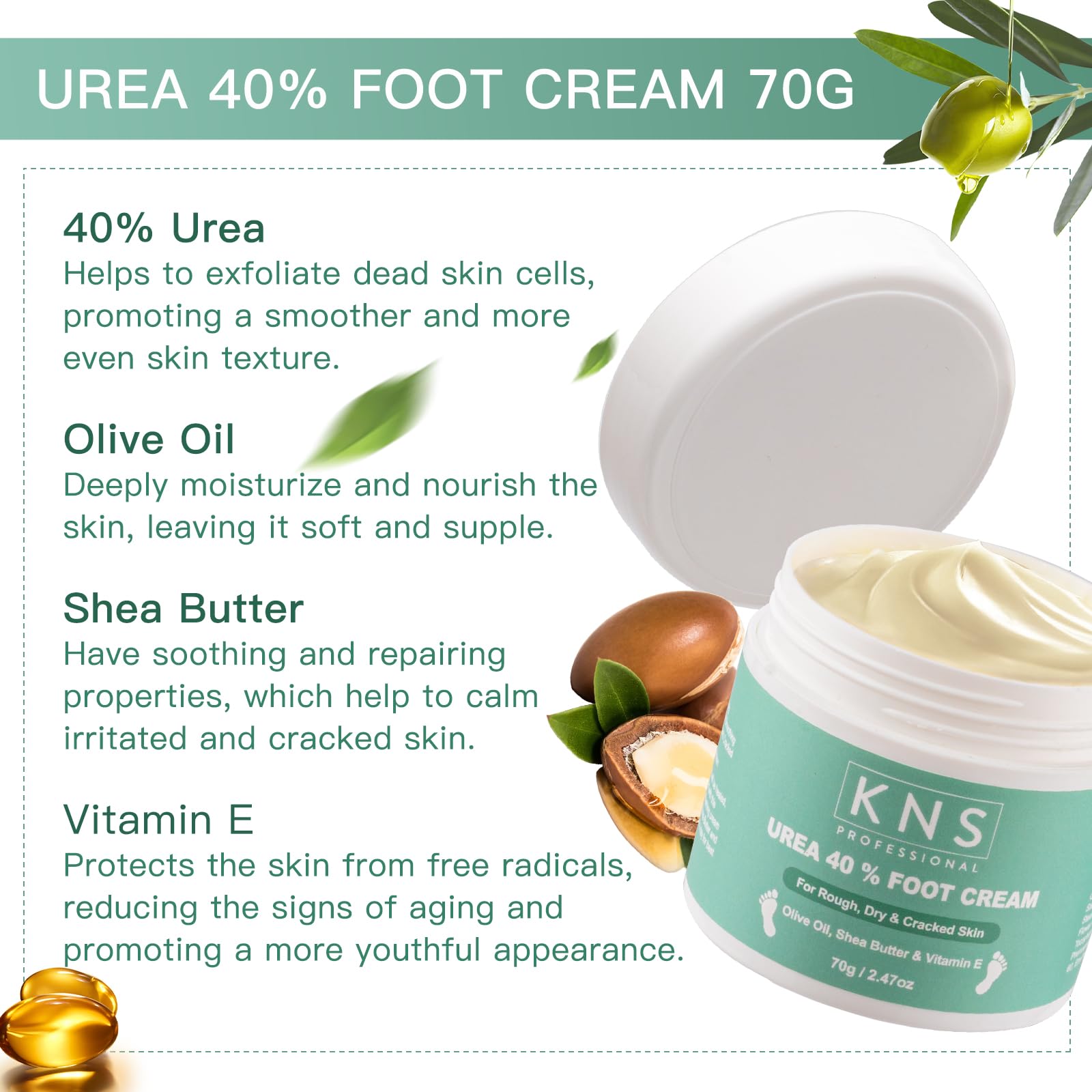 KNS 40% Urea Foot Cream - Olive Oil, Shea Butter for cracked heels and dry skin - Clinically Tested, Suitable for Diabetics - Image 2