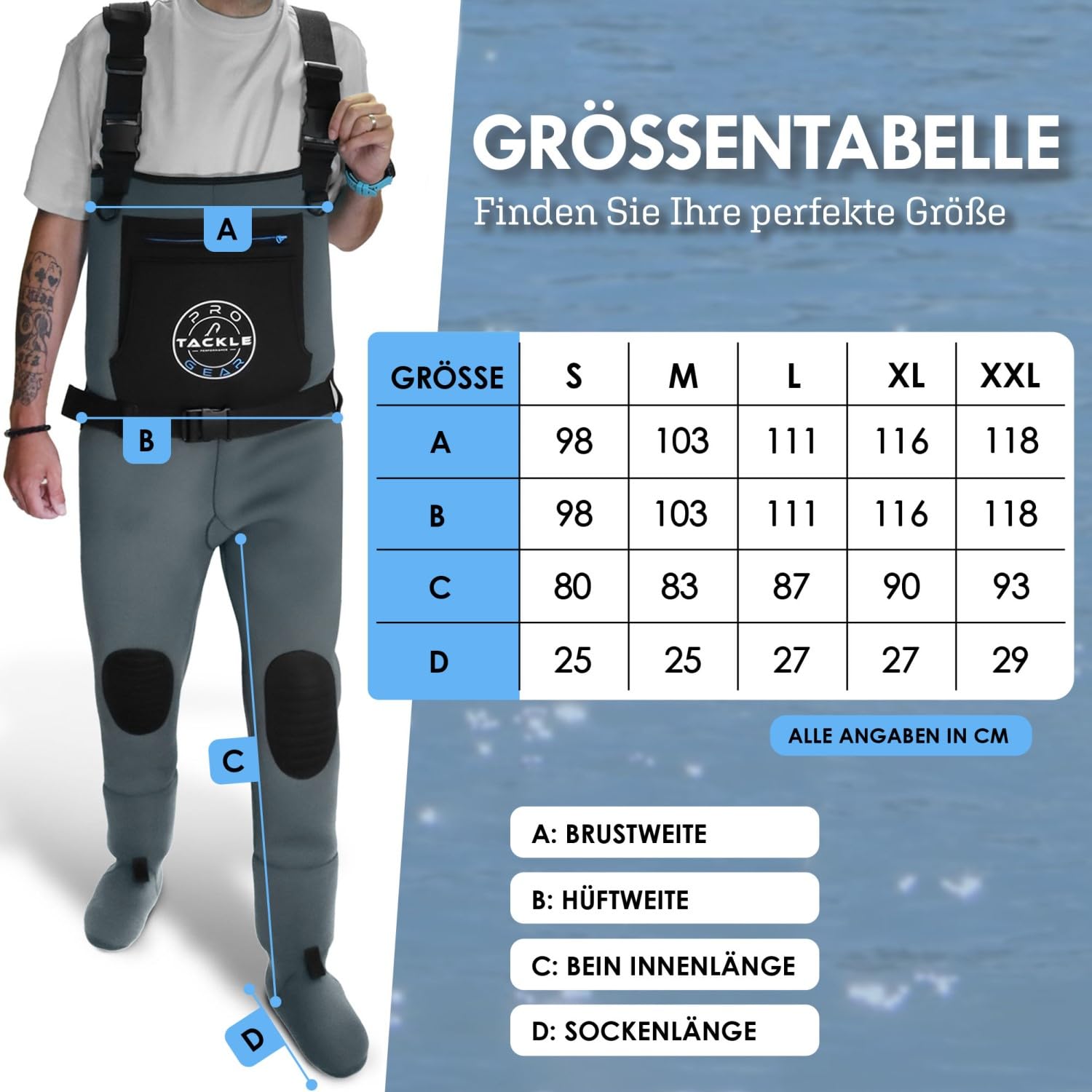 Pro Tackle Neopren Wathose - Water Strider II Stocking Foot, 4mm Neopren, Wasserdichte Anglerhose, Verstellbare Schultergurte, Brusttaschen - Perfekt für Angeln und Outdoor