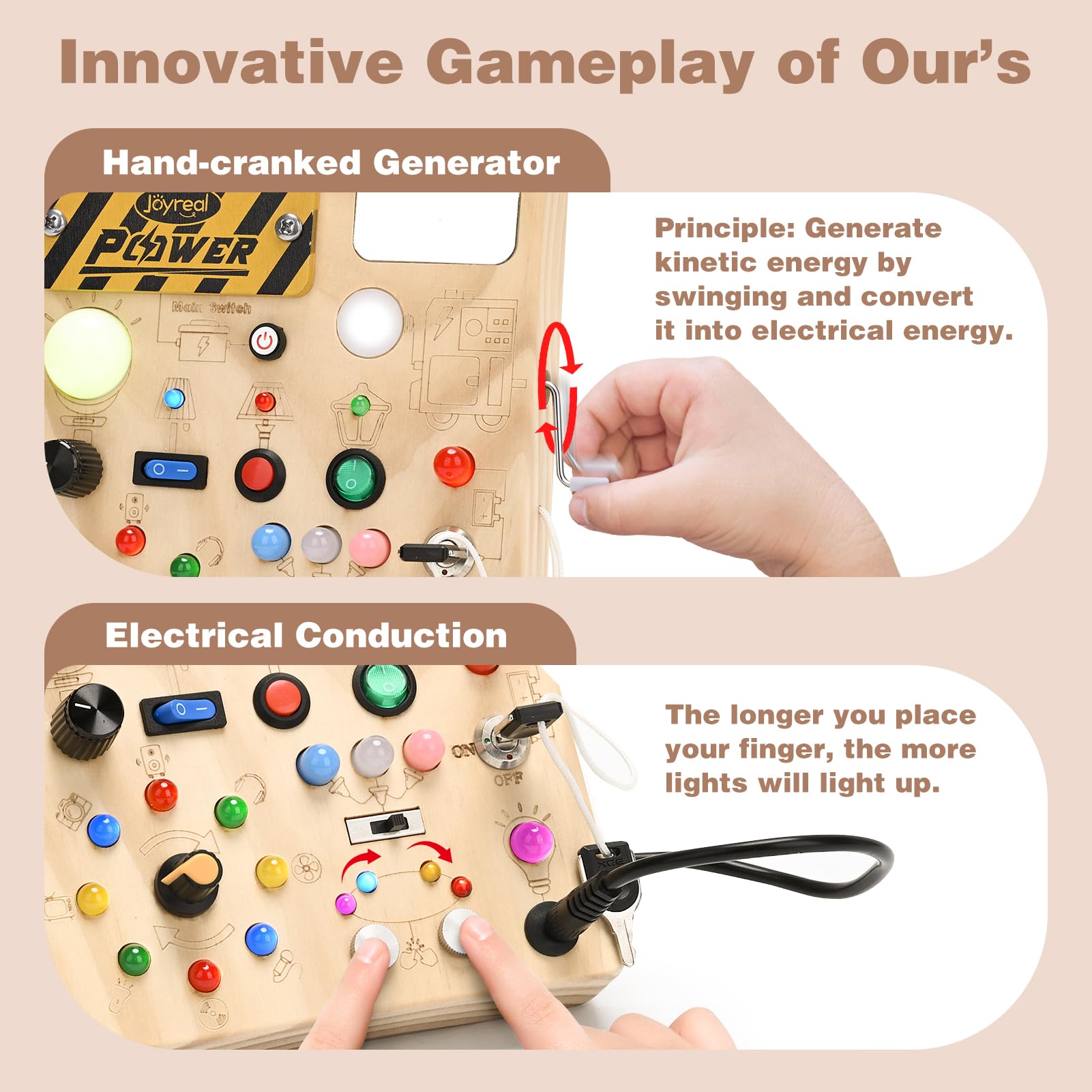Joyreal Montessori Busy Board for Toddlers LED Activity Board with Hand Crank Generator, 22 LED Lights & 11 Switches - Image 3