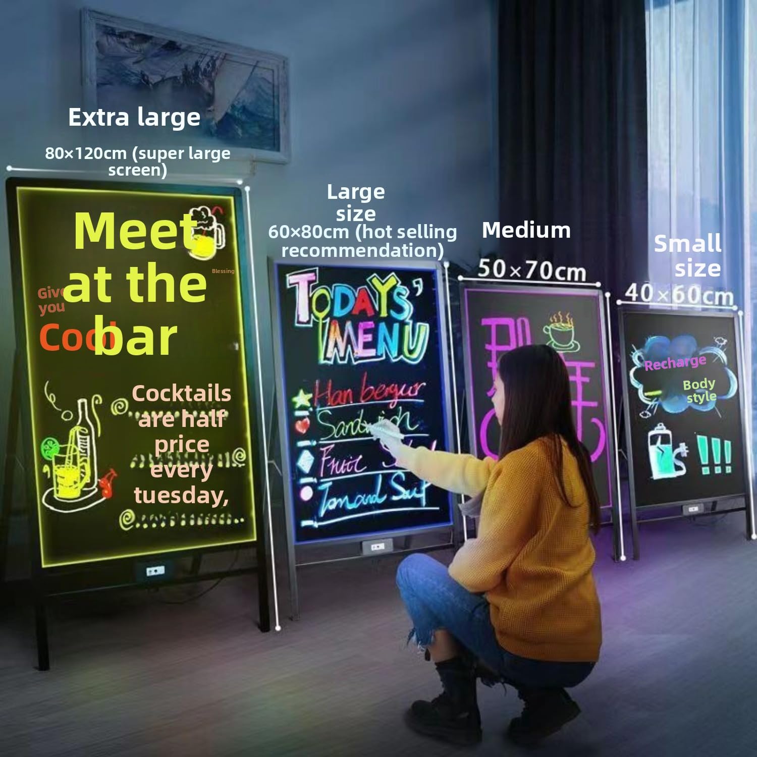 LED-beleuchtete Schreibtafel, löschbare fluoreszierende Tafel mit Ständer, leuchtende Nachrichtentafel für Shop, Nachtmarkt, Schaufensterfront, inklusive 10 Neon-Markern und Fernbedienung (schwarz, 40