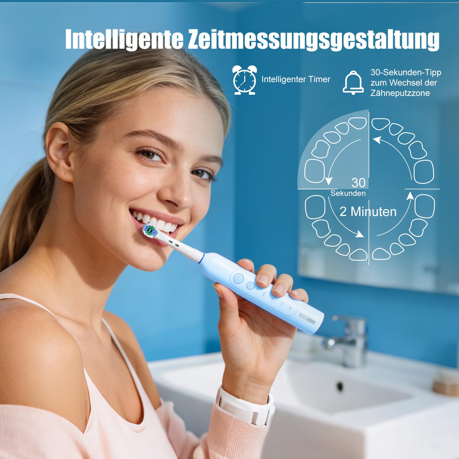 Elektrische Zahnbürste Rotierende Elektrische Zahnbürste mit Reiseetui und Ladestation Mit 8 Bürstenköpfen und 3 Modi 8.800 Schwingungen pro Minute (VPM) Wasserdicht Gemäß IPX7 Blau
