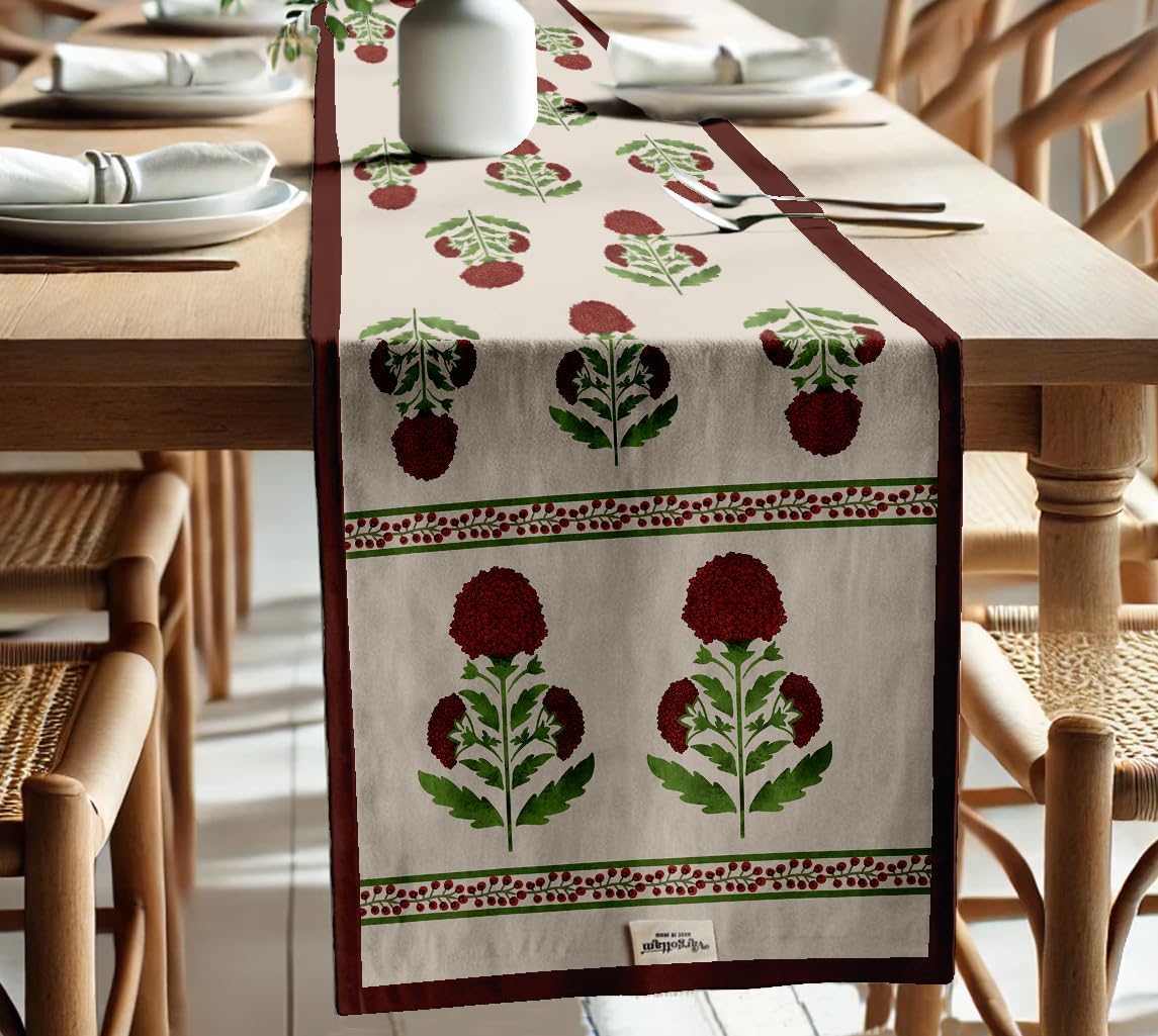 Floral Print Cotton Table Runner by Vargottam - Double Layer with Border - Washable Runner - Decorative Table Linen for Dining & Everyday Use
