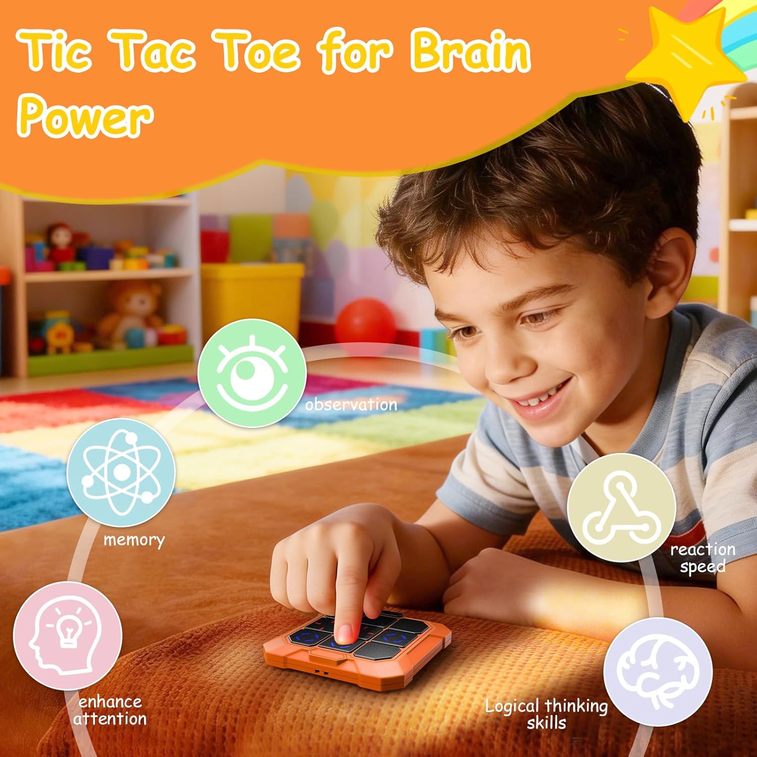 Tic Tac Toe Game, 6-in-1 Electronic Tic Tac Toe with Mute & Rechargeable - Handheld Travel Board Game for Kids Ages 4+, Adults, Family - Educational Learning Toy for Boys Girls, Orange