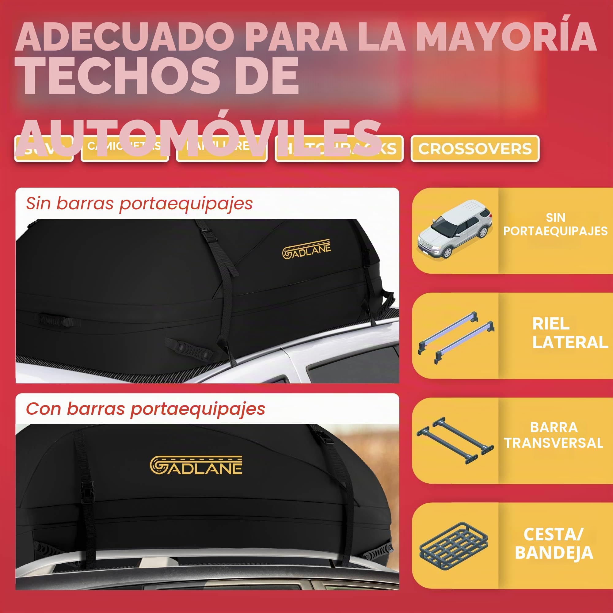 GADLANE Bolsa de Techo para Coche, 400L, Impermeable, con 4 Correas Resistentes, Alfombrilla Antideslizante y Bolsa de Almacenamiento (Negro)