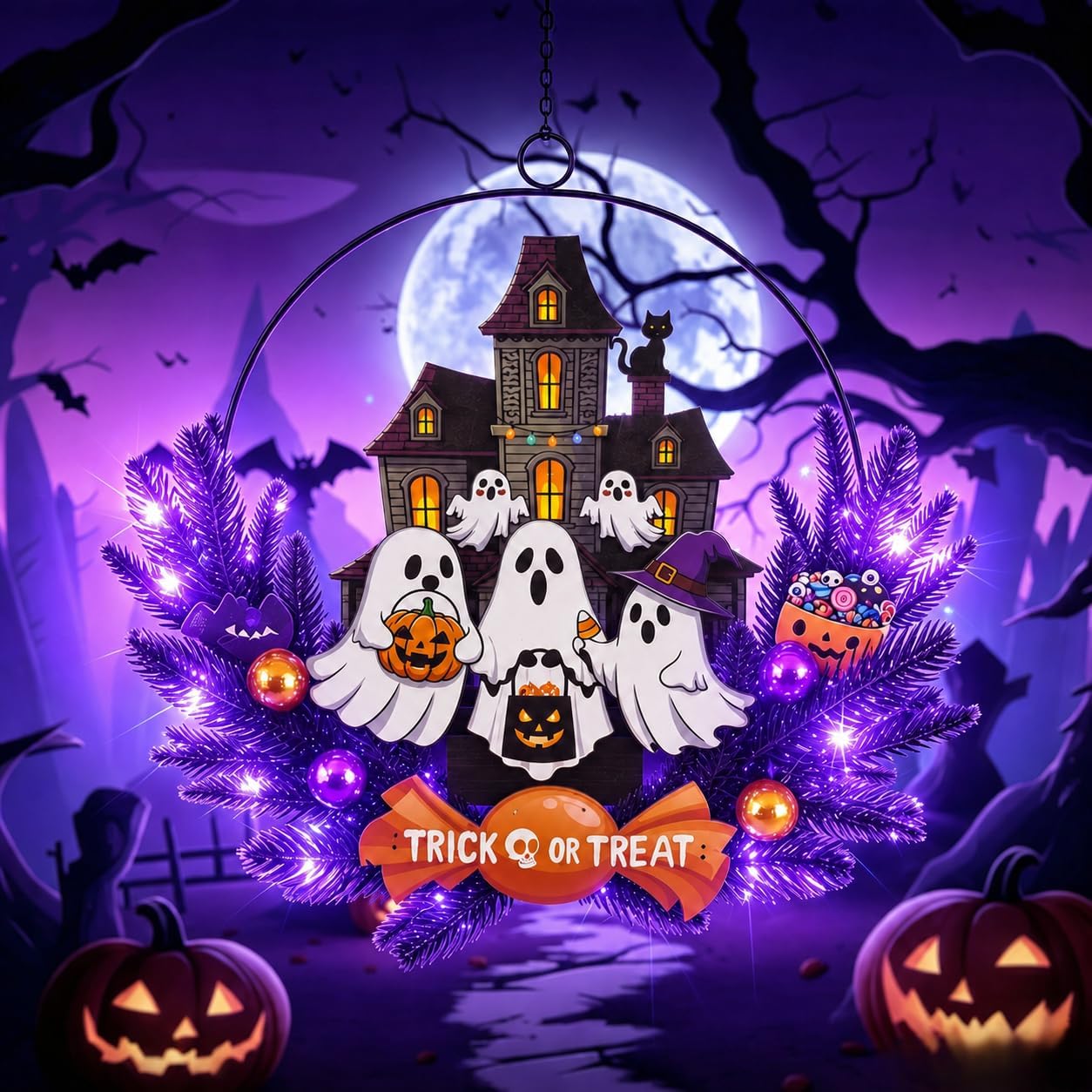 Pre-Lit Halloween Wreath for Front Door, Lighted Pumpkin with 6H On/18H Off | 30 LEDs, sturdy metal and wood construction, battery-operated cordless design, and an included hook for easy hanging.