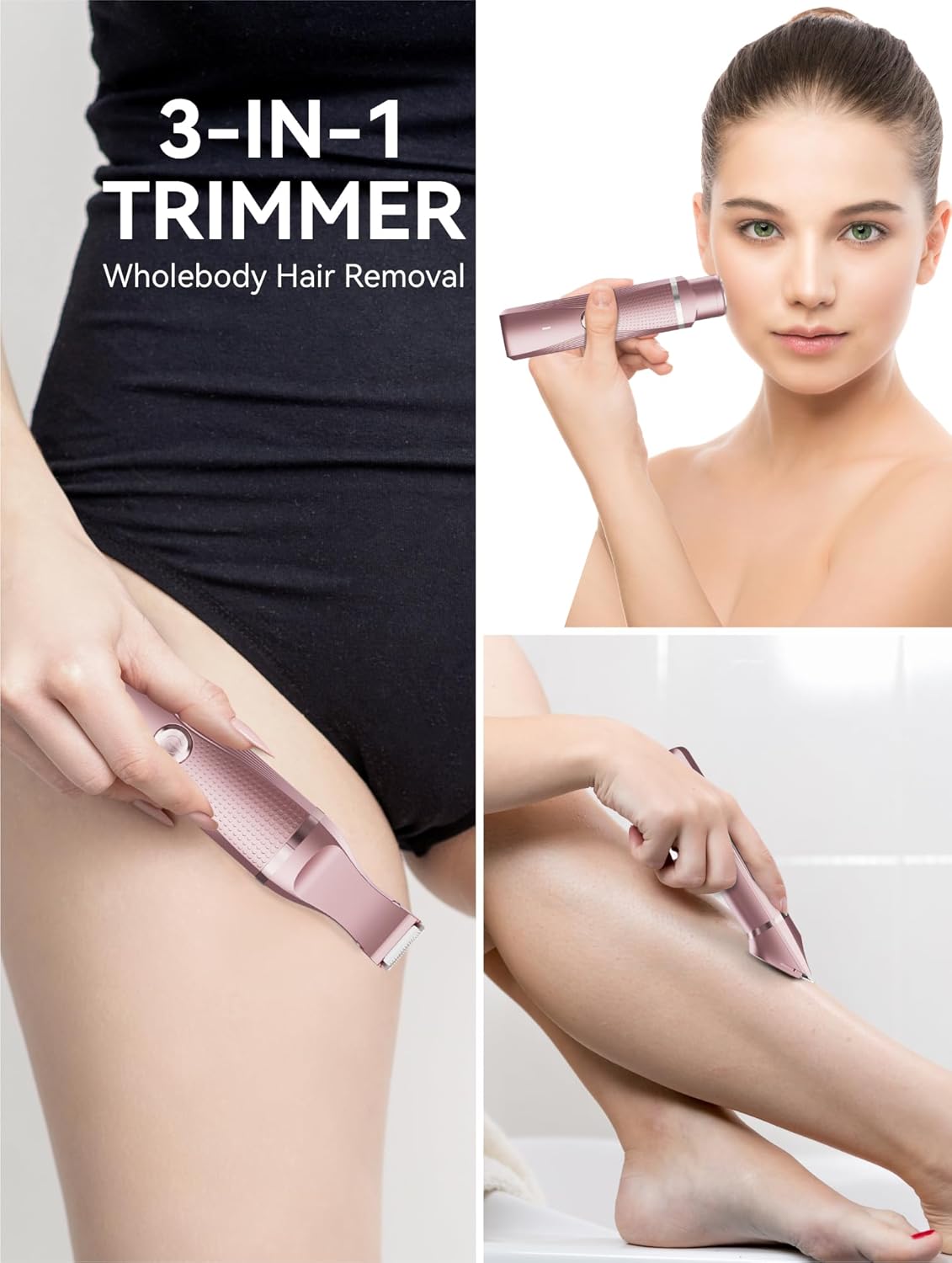 Unibono Pubic Hair Trimmer Women - Waterproof Bikini Trimmer, Rechargeable 3-in-1 Electric Razor, Personal Trimmer Groomer for Body Hair, Cordless Lady Shaver for Legs, Underarms, Face (Rose Gold)