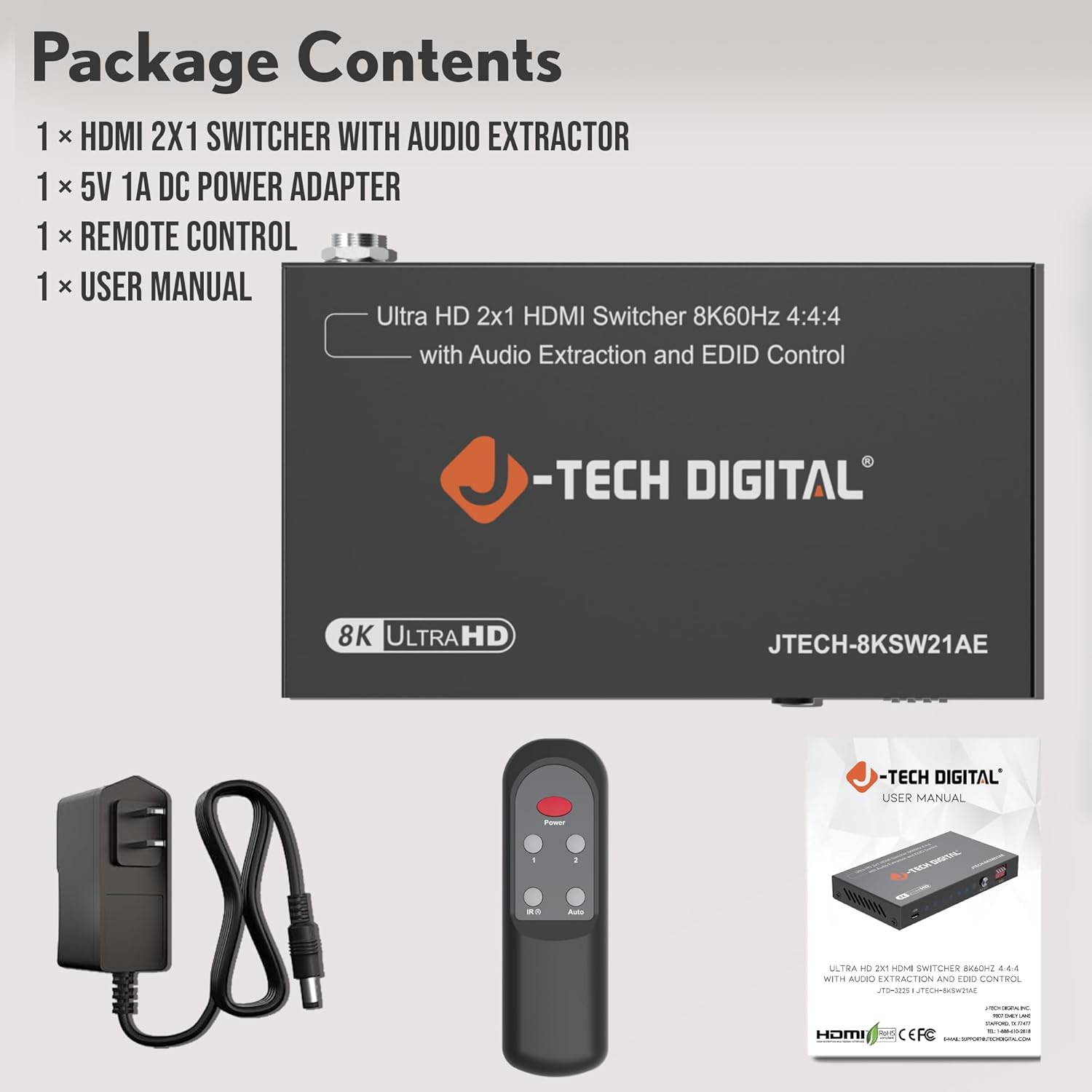 Package contents of the J-Tech Digital 8K HDMI Switch, showing the switch unit, power adapter, remote control, and user manual.