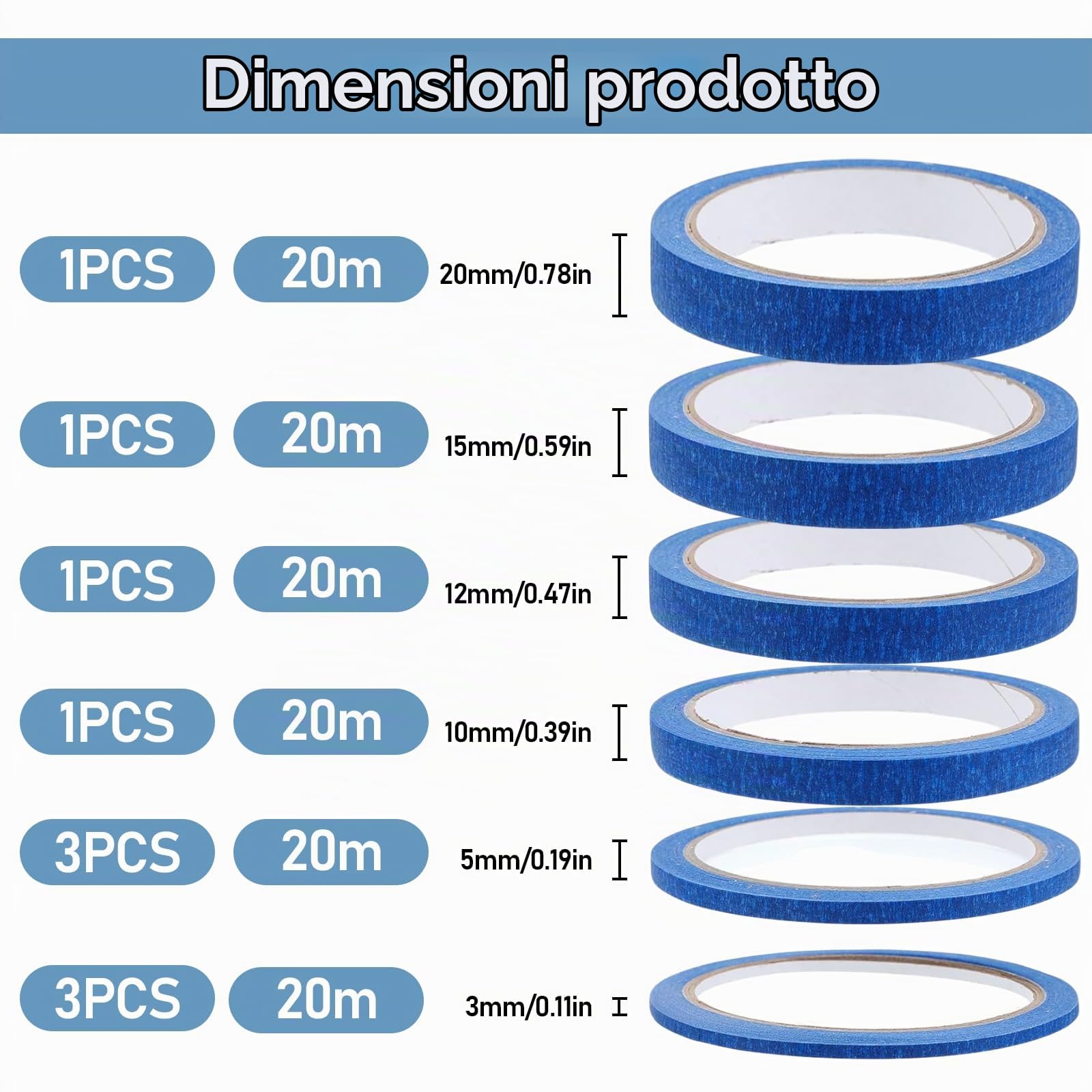 10 Rotoli Nastro per Mascheratura 3/5/10/12/15/20 Mm X 20 M Blu Masking Tape per Mascheratura Decorazioni Fai-Da-Te Mascheratura Modellismo