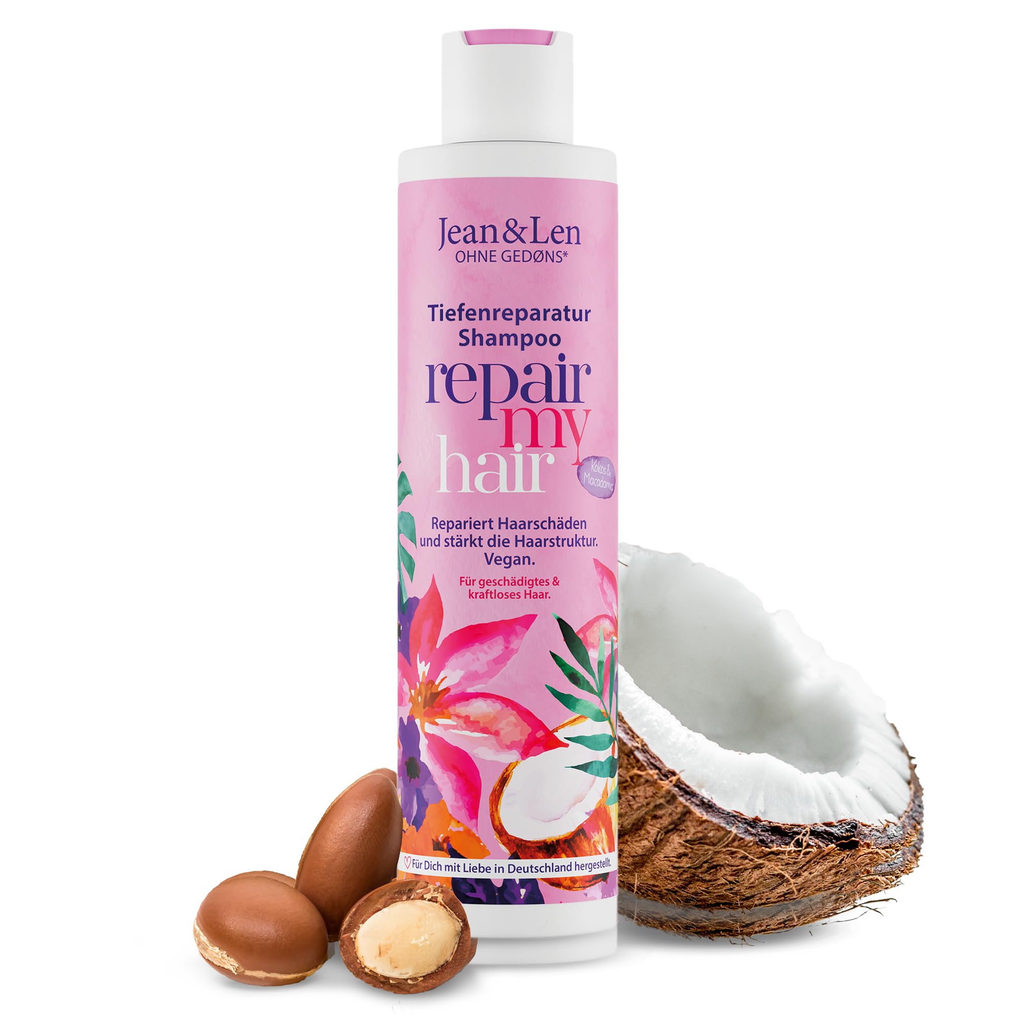 Jean & Len Shampoo Repair Kokosöl & Macadamia, für geschädigtes & kraftloses Haar, beugt Feuchtigkeitsverlust vor, repariert Haarschäden, Kokos-Duft, ohne Parabene & Silikone, vegan 300 ml