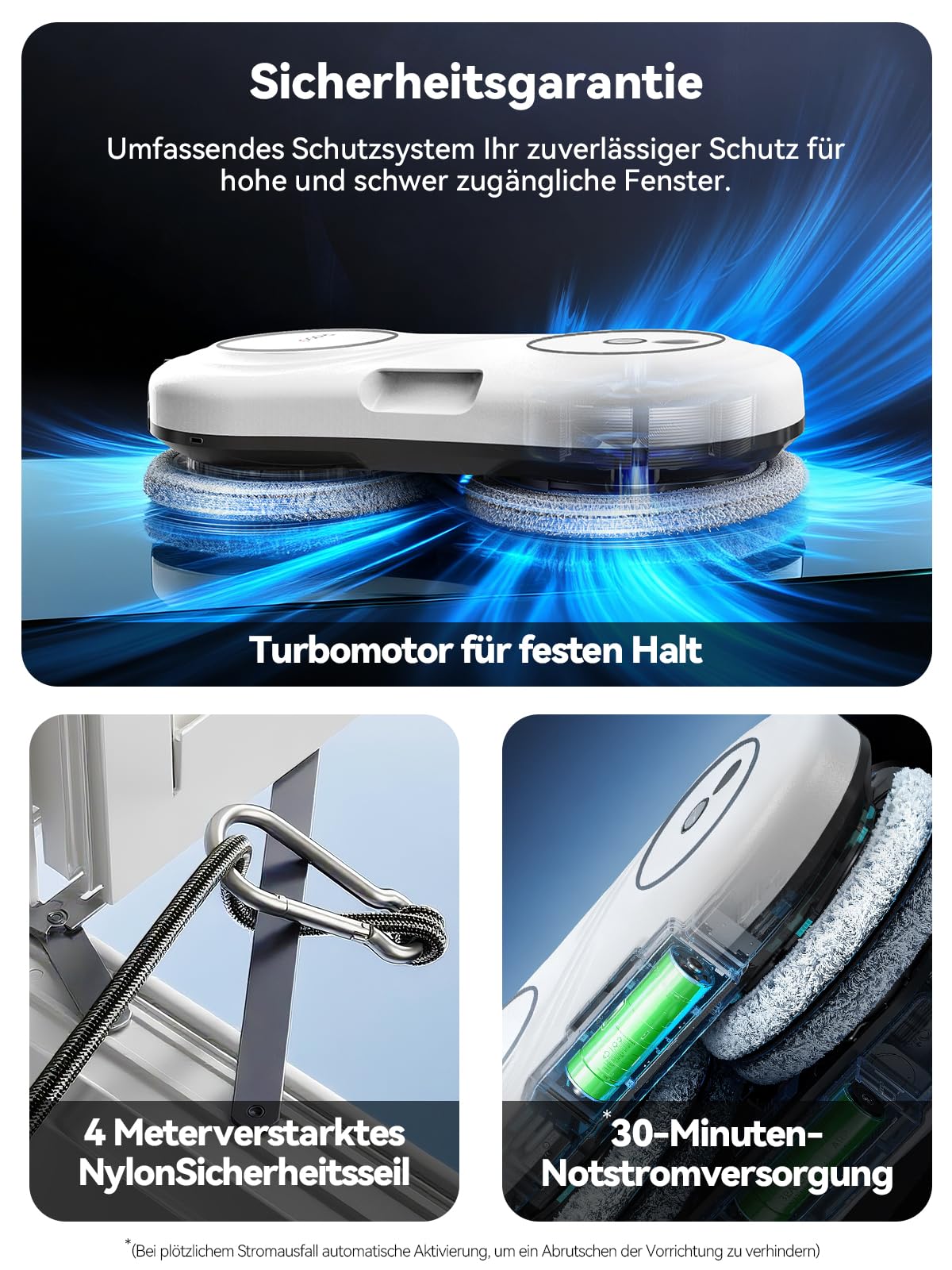 Fensterputzroboter mit Turbinenmotor, 7000 Pa Saugkraft Elektrischer Fensterroboter, ultradünn 63 mm, Doppelhelix-Reinigung, Randenerkennung, 3 Reinigungsmodi, Window Cleaning Robot