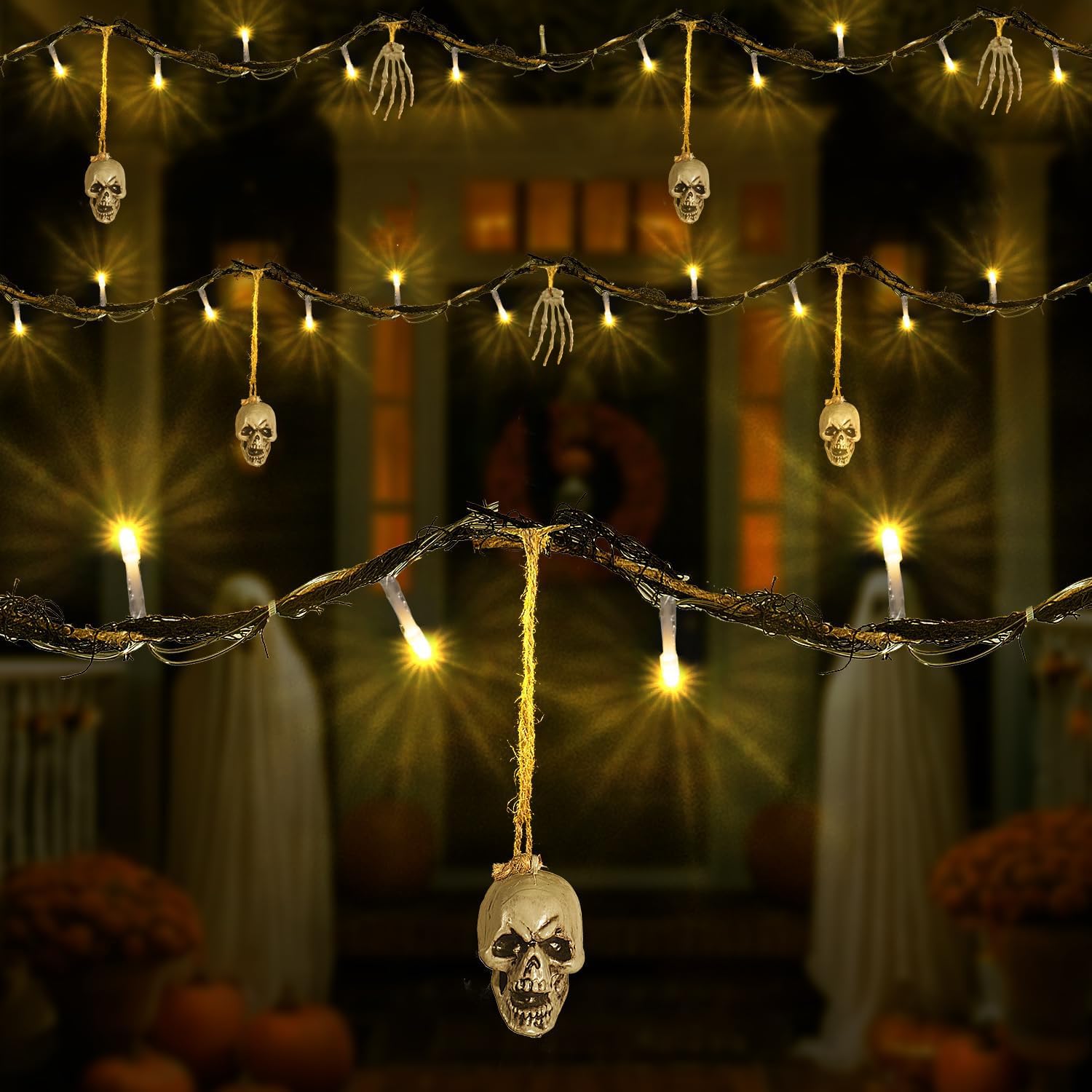 Luci decorative per Halloween per interni ed esterni, 1,8 m, 26 LED, a forma di osso, a batteria, spaventose ghirlande di Halloween, patio, decorazione per feste