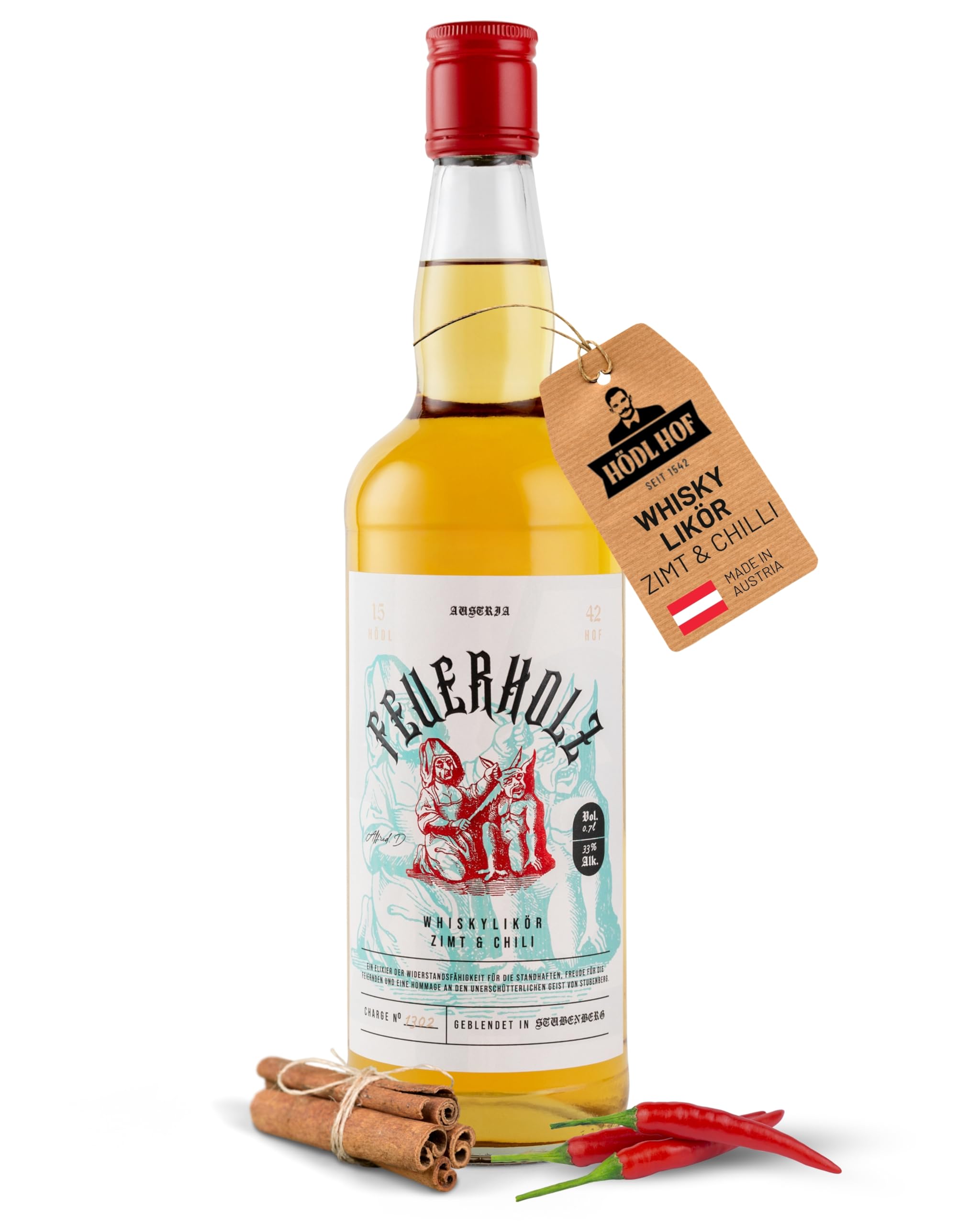 Hödl Hof Feuerholz Whisky-Likör 0,7L I Hochwertiger Whiskylikör mit Nuancen an Zimt & Chili I Premium Spirituose ideal als Geschenk I Feuriger Chili-Zimt-Likör I Edle Spirituose 33%